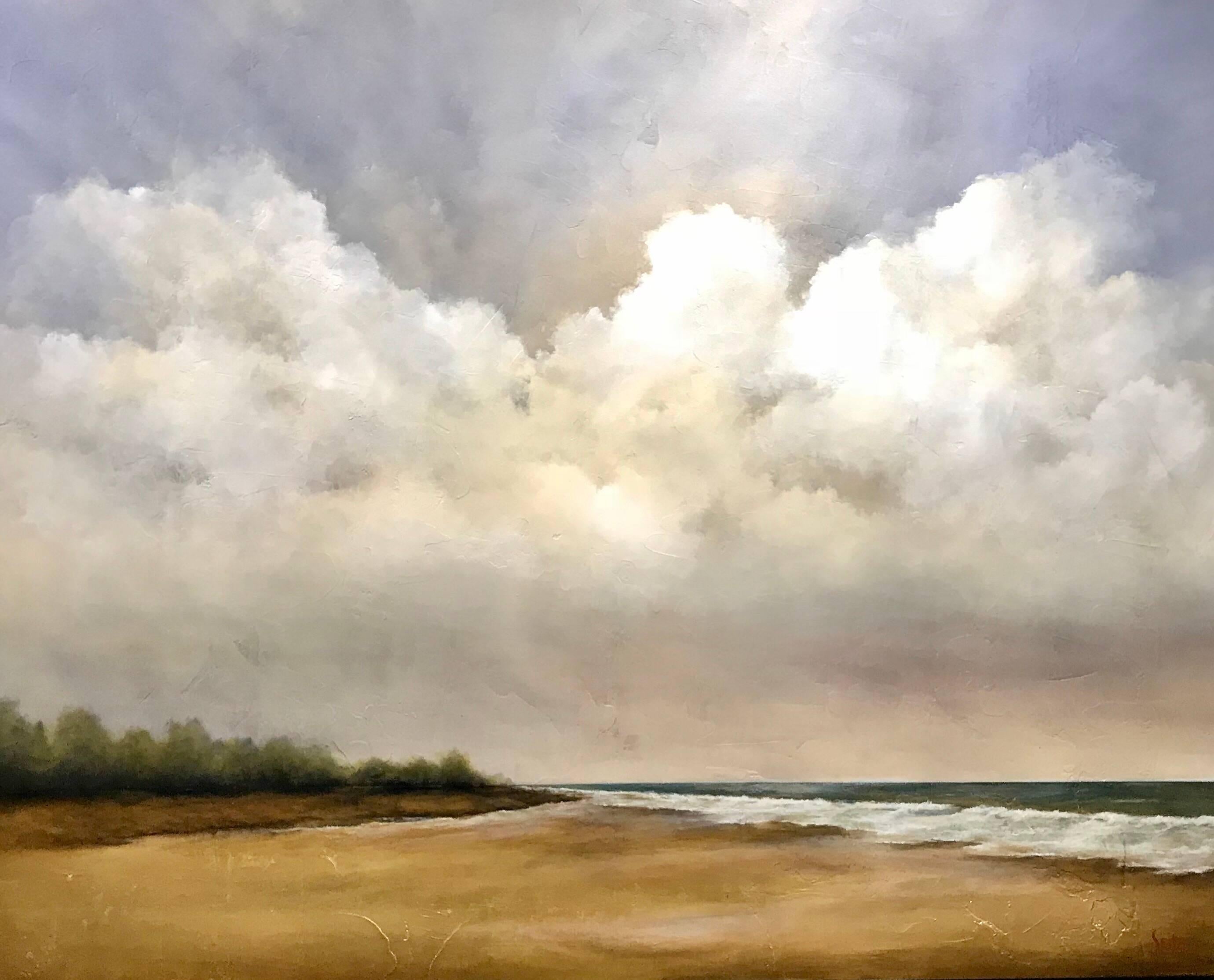 This piece depicts the shoreline; water, sand, trees and the sky.  The artist used gold leaf in the foreground of the piece, to add depth and shine to the piece, and he also added many layers of acrylic paint to give this piece wonderful texture. 
