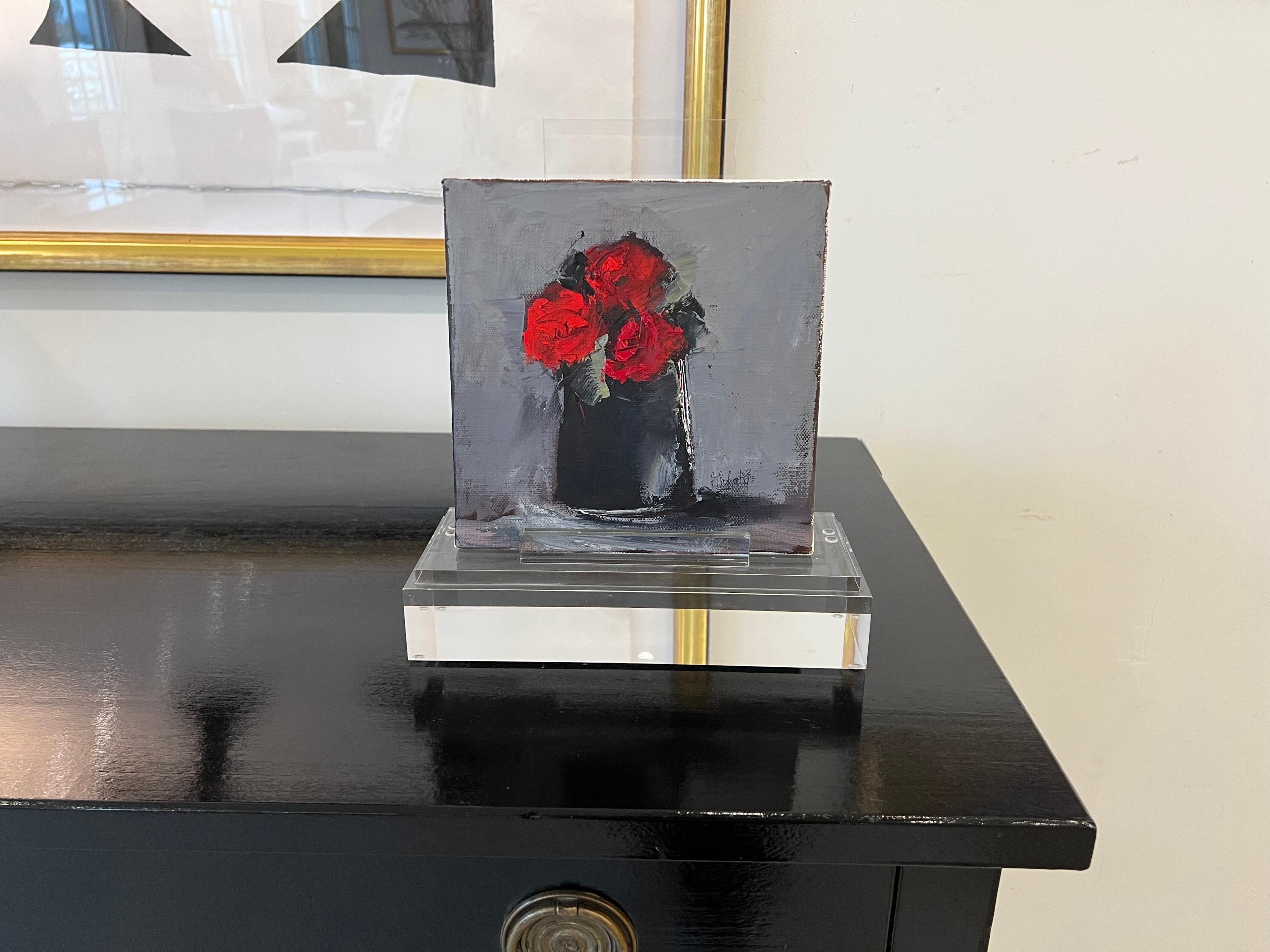 Trois Roses Rouges by Andree Thobaty, French Contemporary Floral Painting For Sale 1