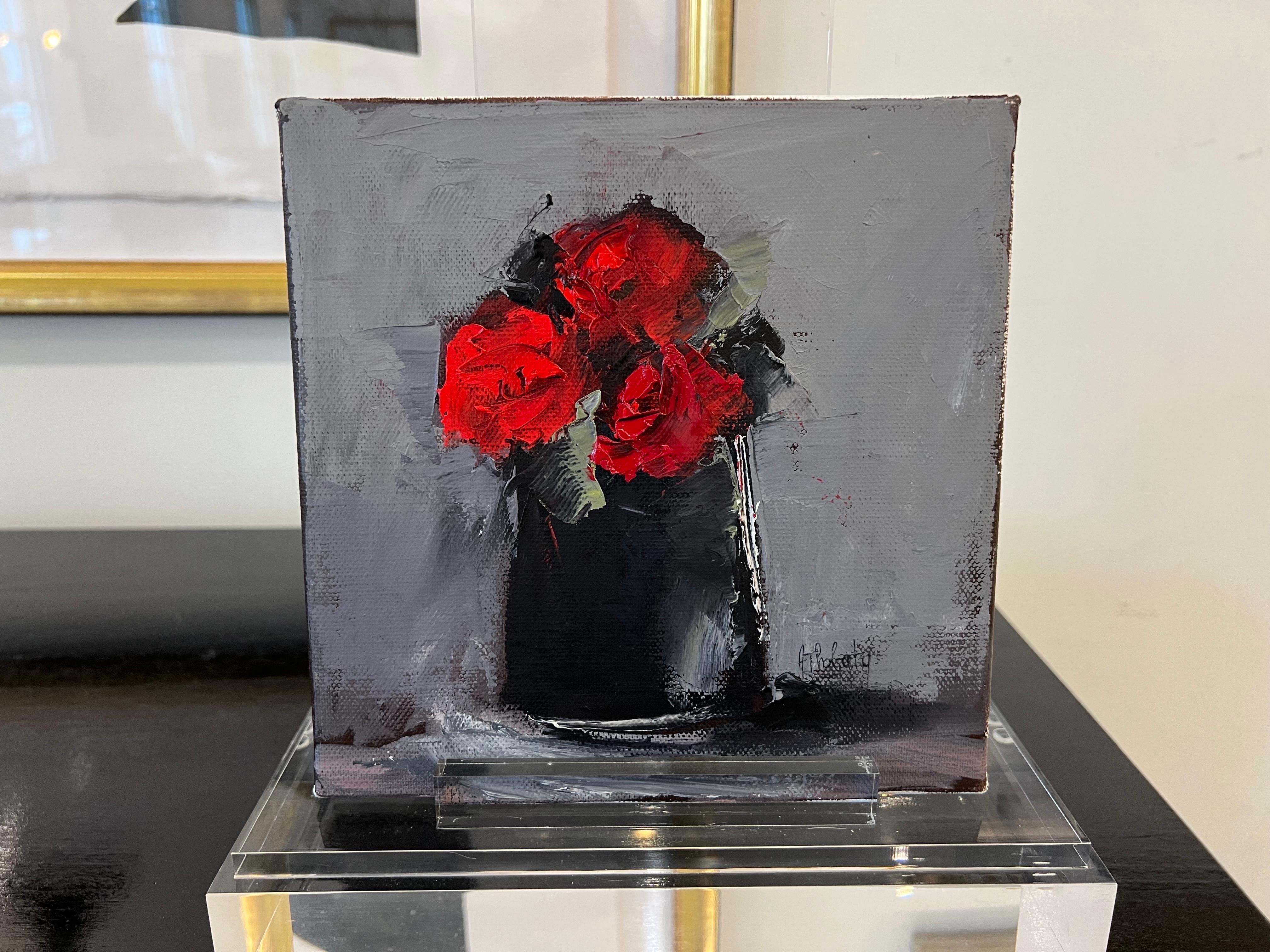 Trois Roses Rouges by Andree Thobaty, French Contemporary Floral Painting For Sale 2