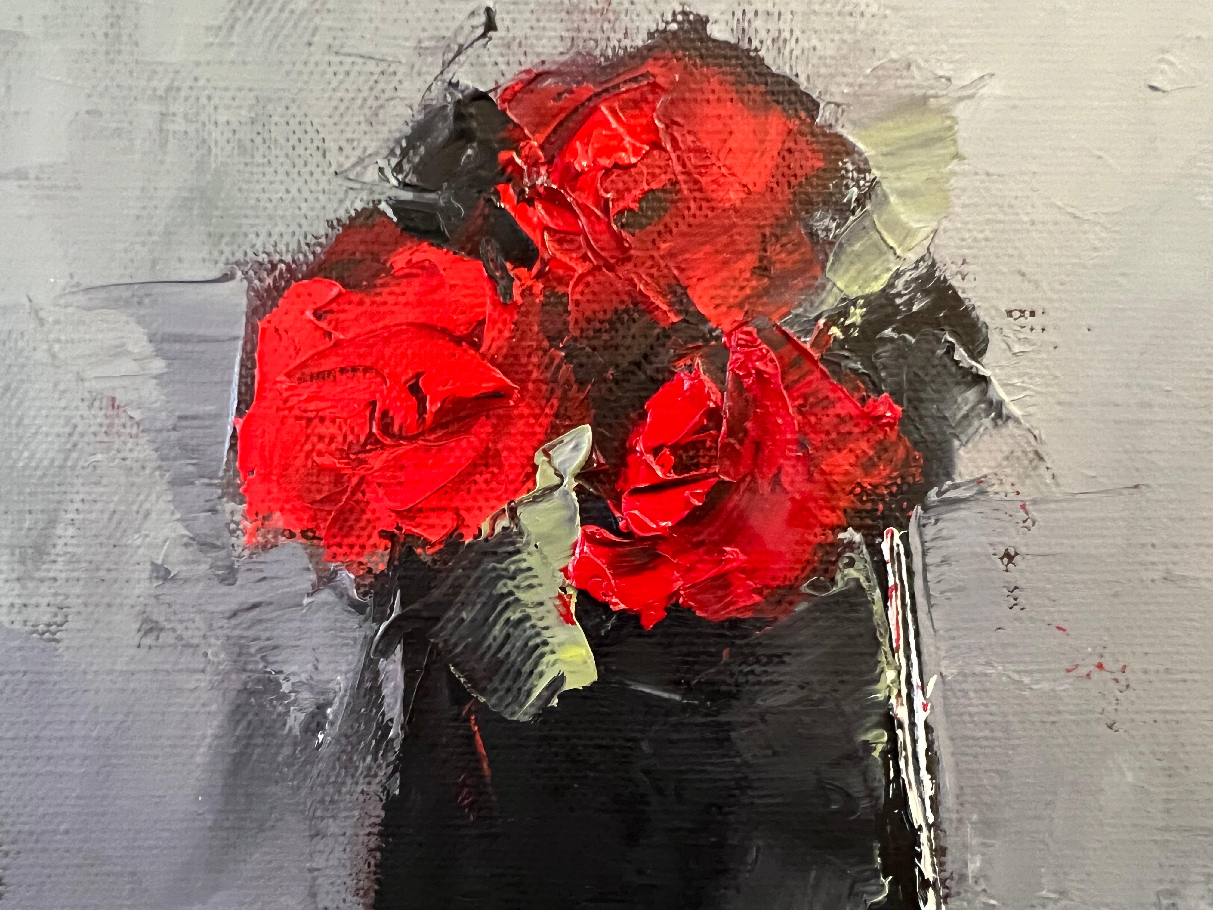 Trois Roses Rouges by Andree Thobaty, French Contemporary Floral Painting For Sale 3
