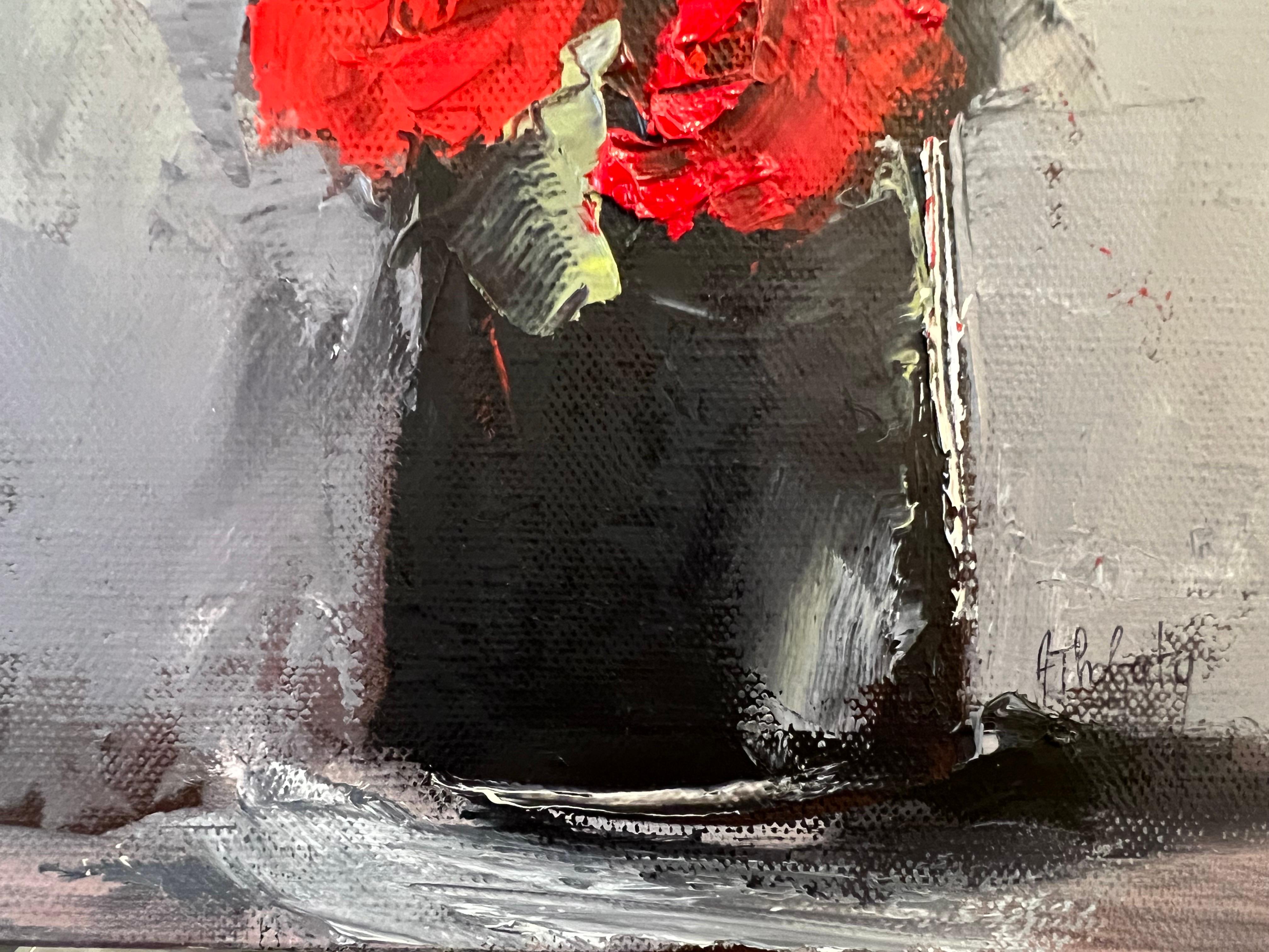 Trois Roses Rouges by Andree Thobaty, French Contemporary Floral Painting For Sale 4