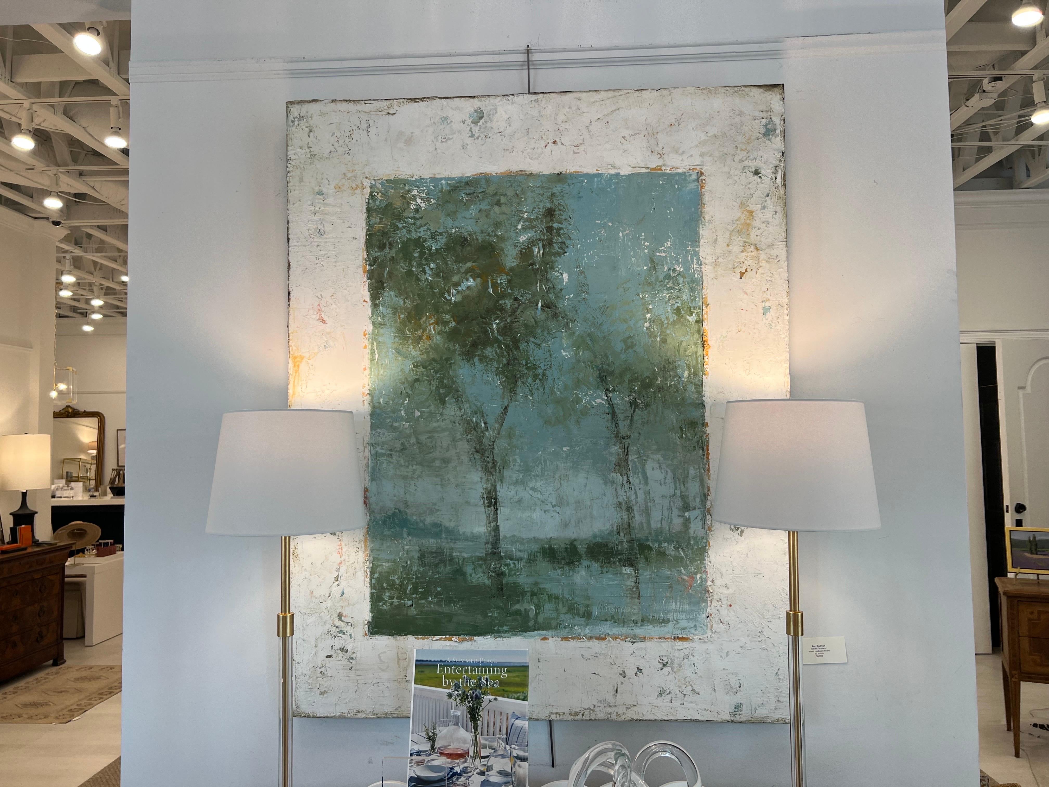 Never Far Away by Amy Sullivan Contemporary waterscape Painting with tree line For Sale 2