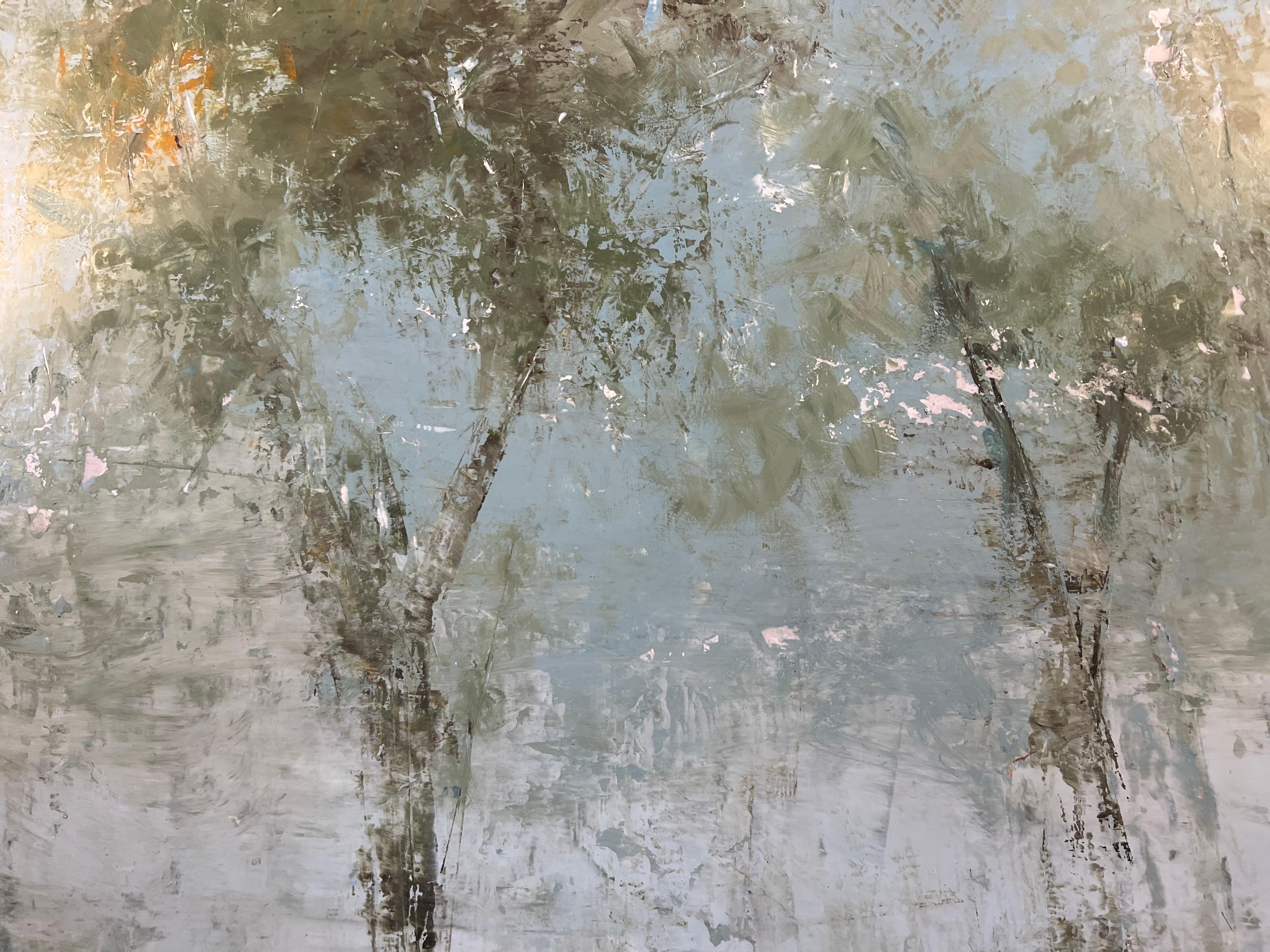 Never Far Away by Amy Sullivan Contemporary waterscape Painting with tree line For Sale 6