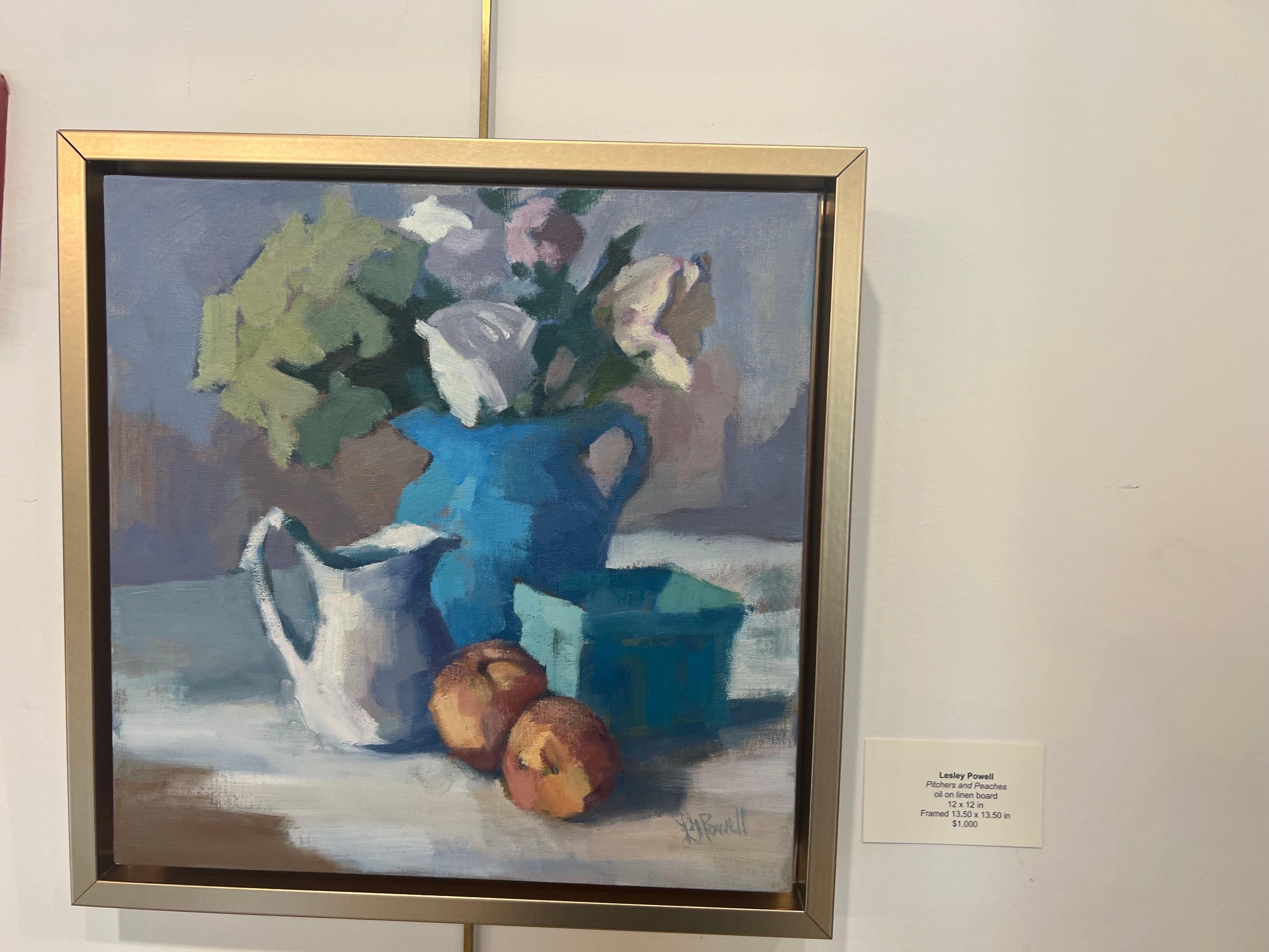 Jarras y melocotones de Lesley Powell, Óleo sobre tabla Naturaleza muerta con flores 1
