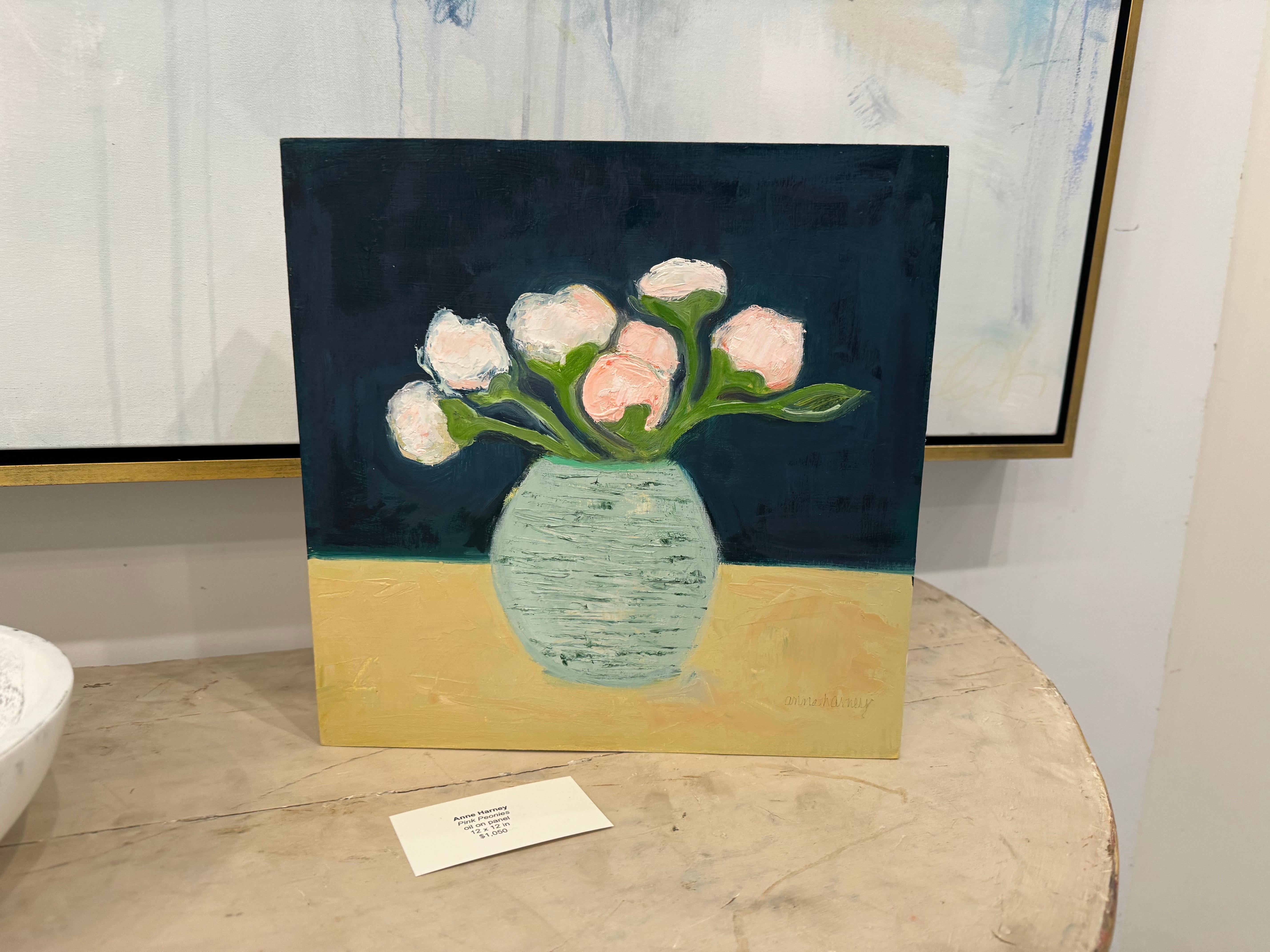 Pink Peonies by Anne Harney, Contemporary Floral Painting with Black and Blue For Sale 2