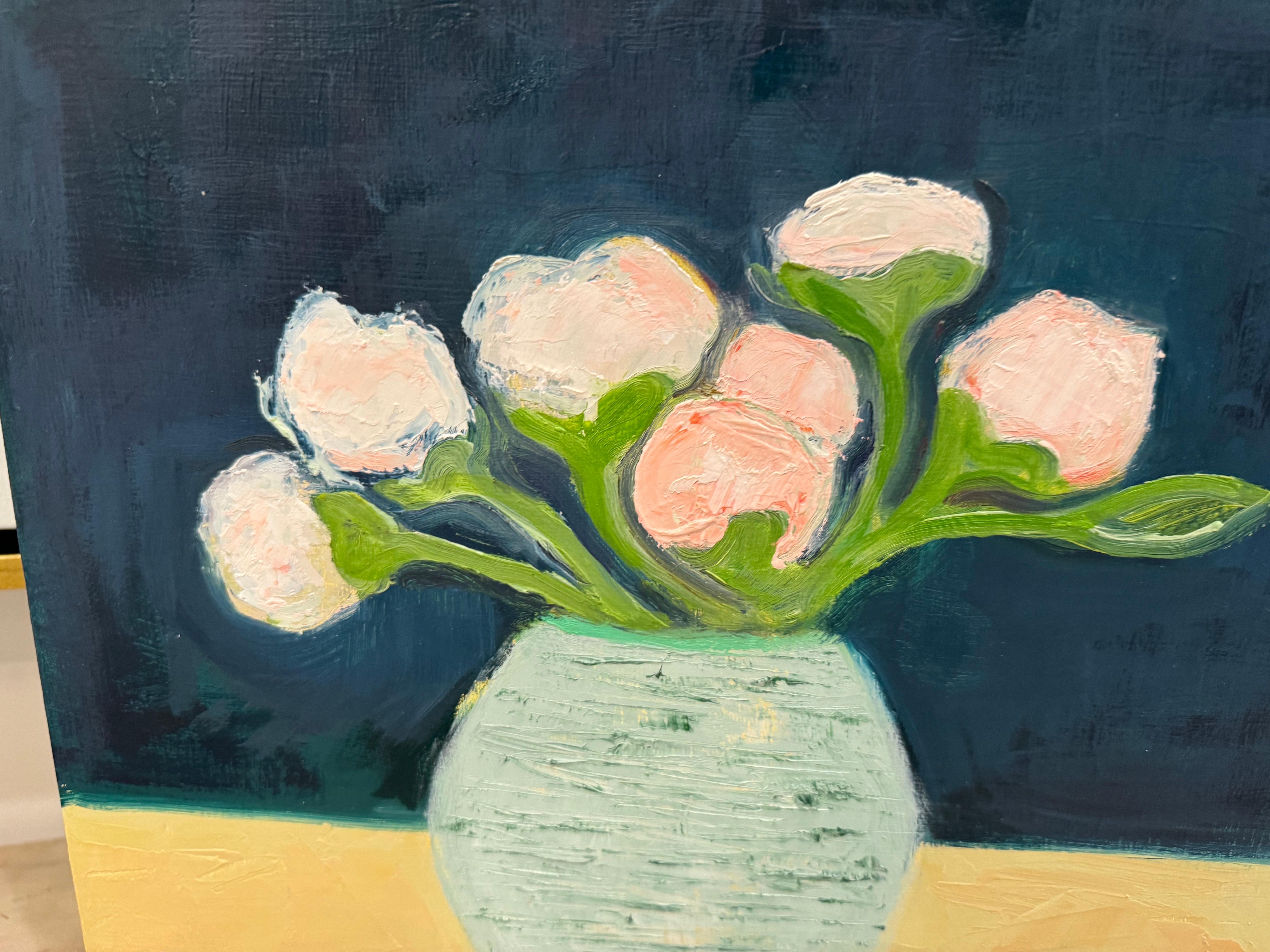 Pink Peonies by Anne Harney, Contemporary Floral Painting with Black and Blue For Sale 3