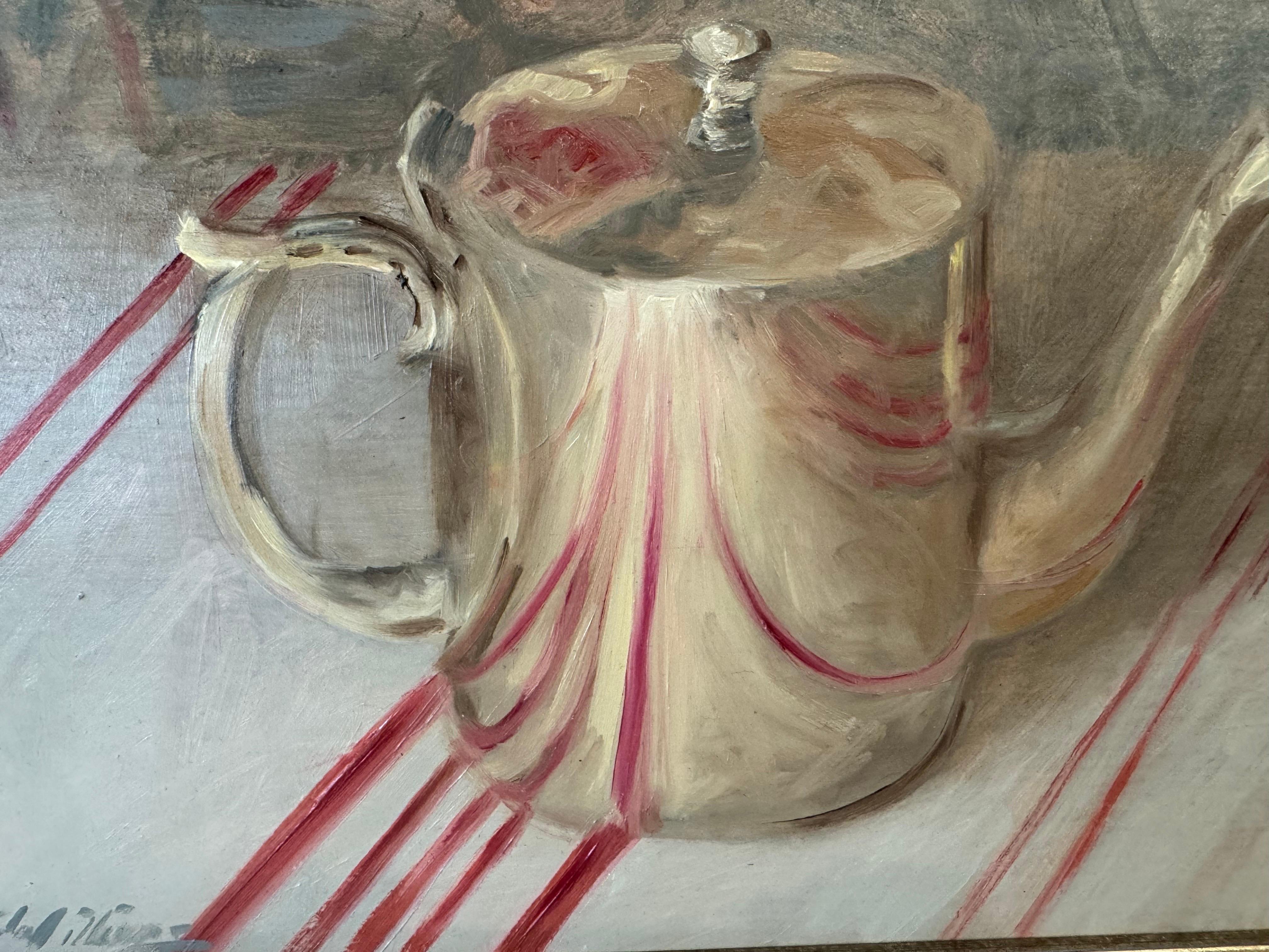 Mayfair von Ginny Williams Gerahmtes Stillleben Öl auf Leinwand Silber Teekessel im Angebot 2