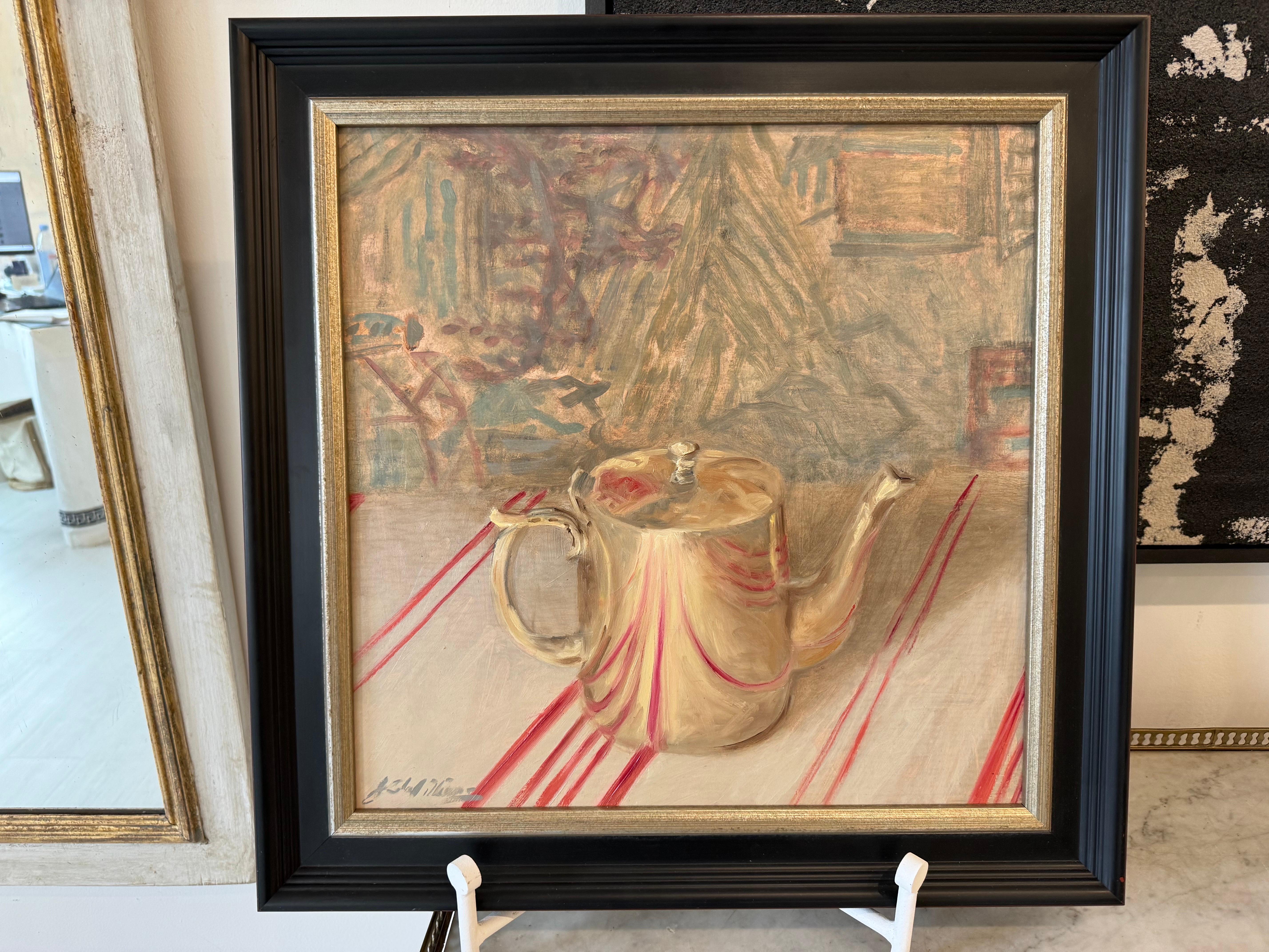 Mayfair von Ginny Williams Gerahmtes Stillleben Öl auf Leinwand Silber Teekessel im Angebot 6