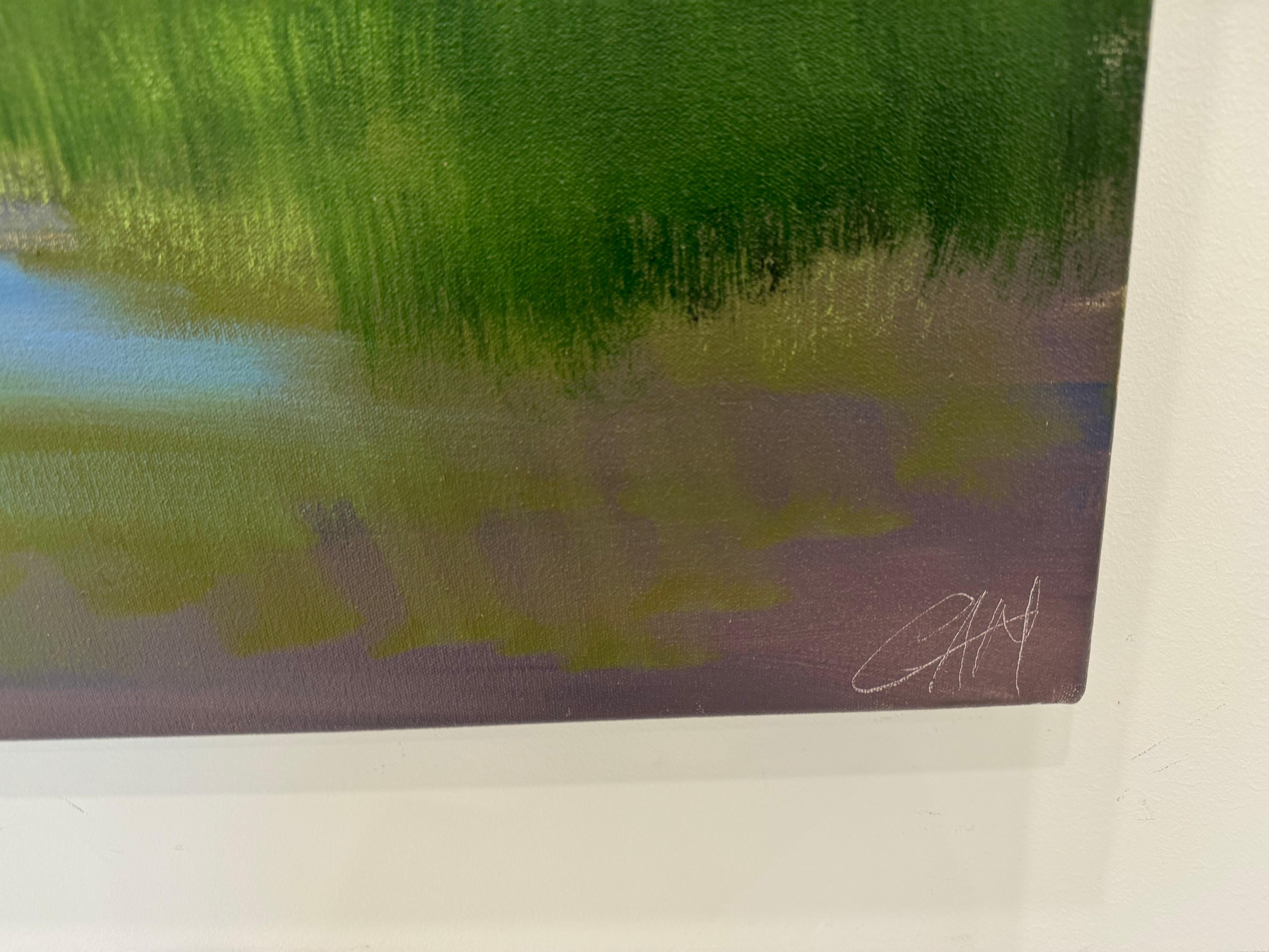 Seldom Scene di Craig Mooney, grande paesaggio contemporaneo con barca e palude 2