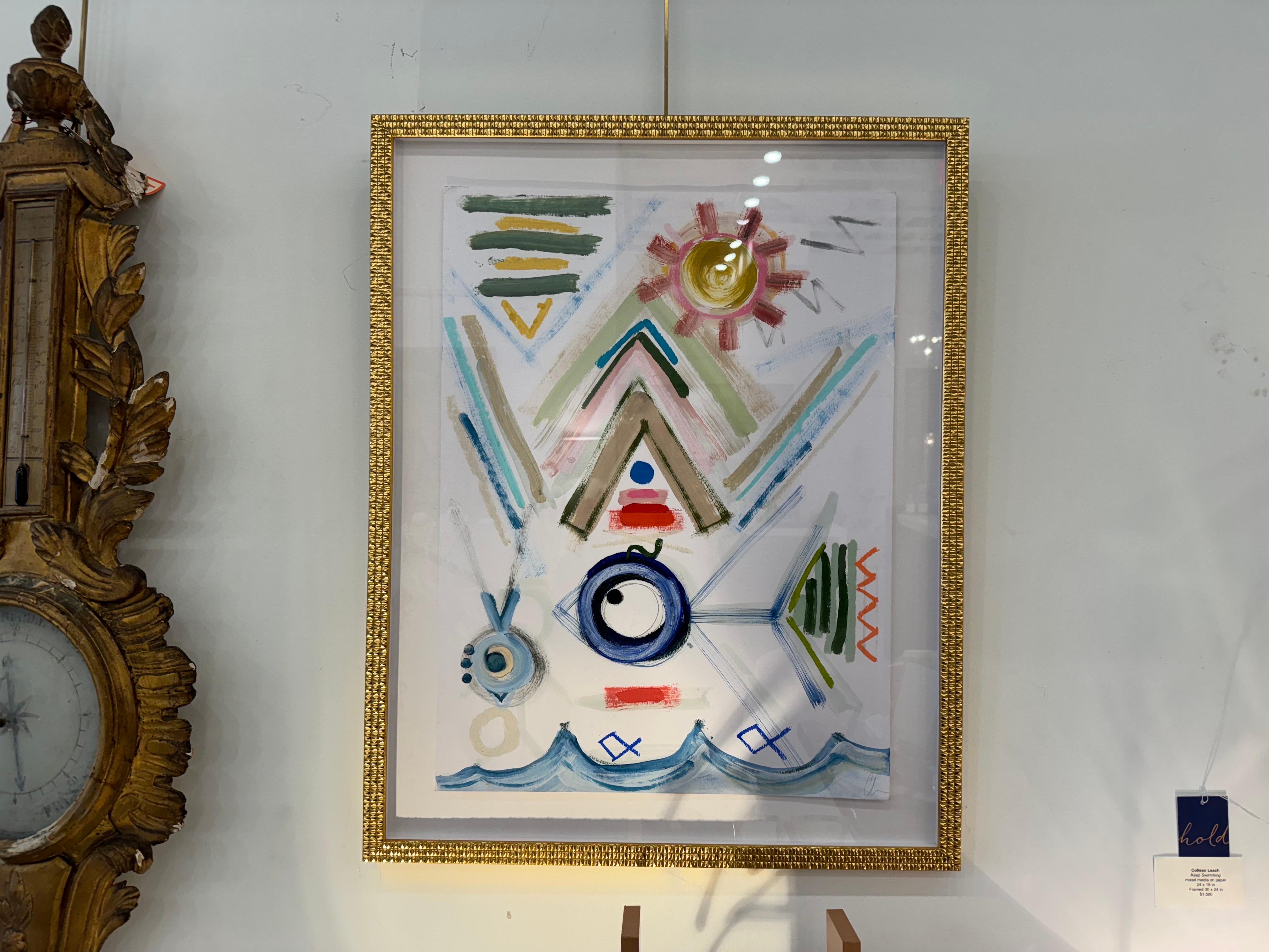 Keep Swimming by Colleen Leach, Framed color contemporary cave drawings, paper For Sale 1