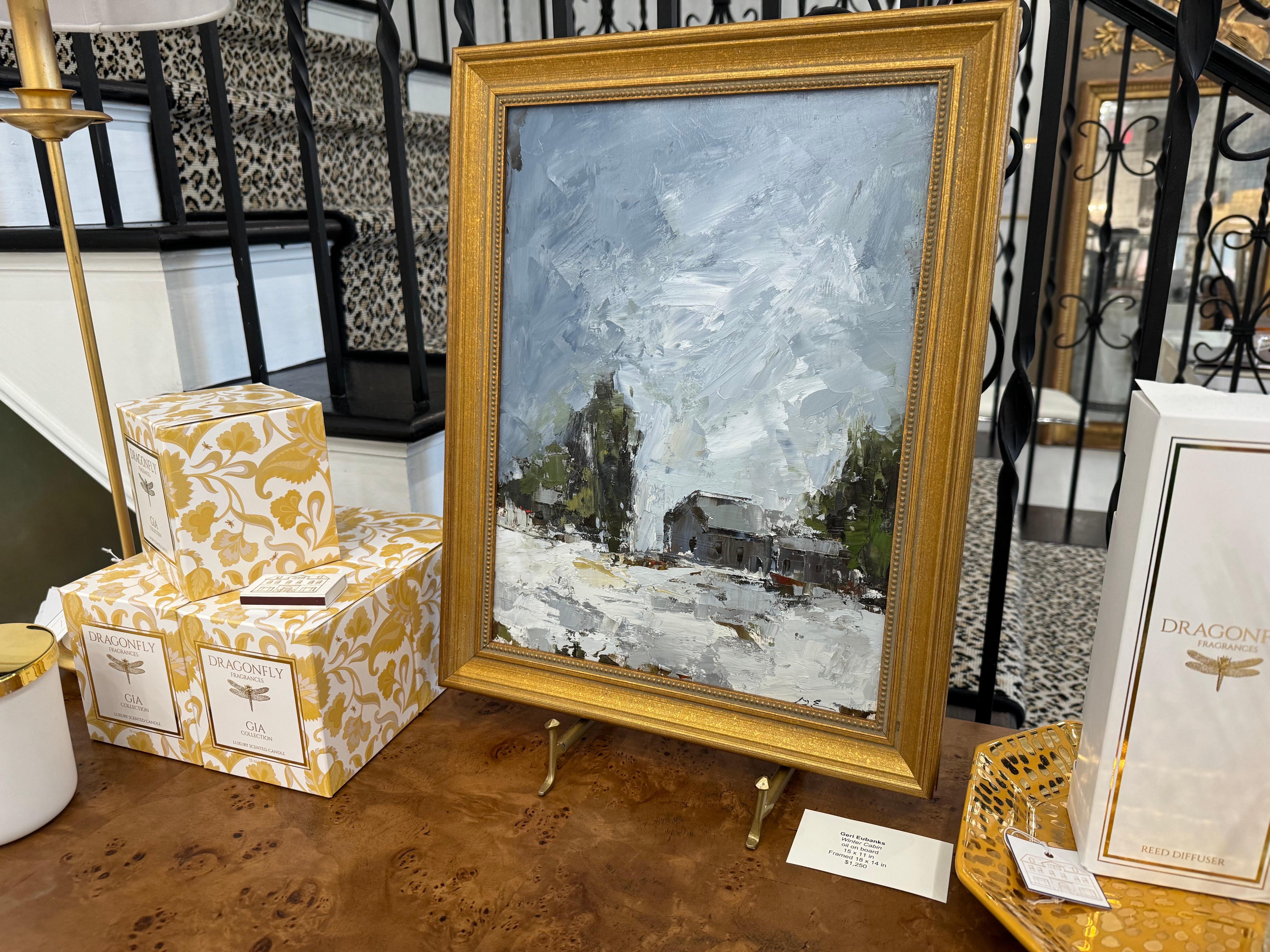 Winter Cabin by Geri Eubanks, Petite Framed Impressionist Landscape Oil Painting For Sale 1