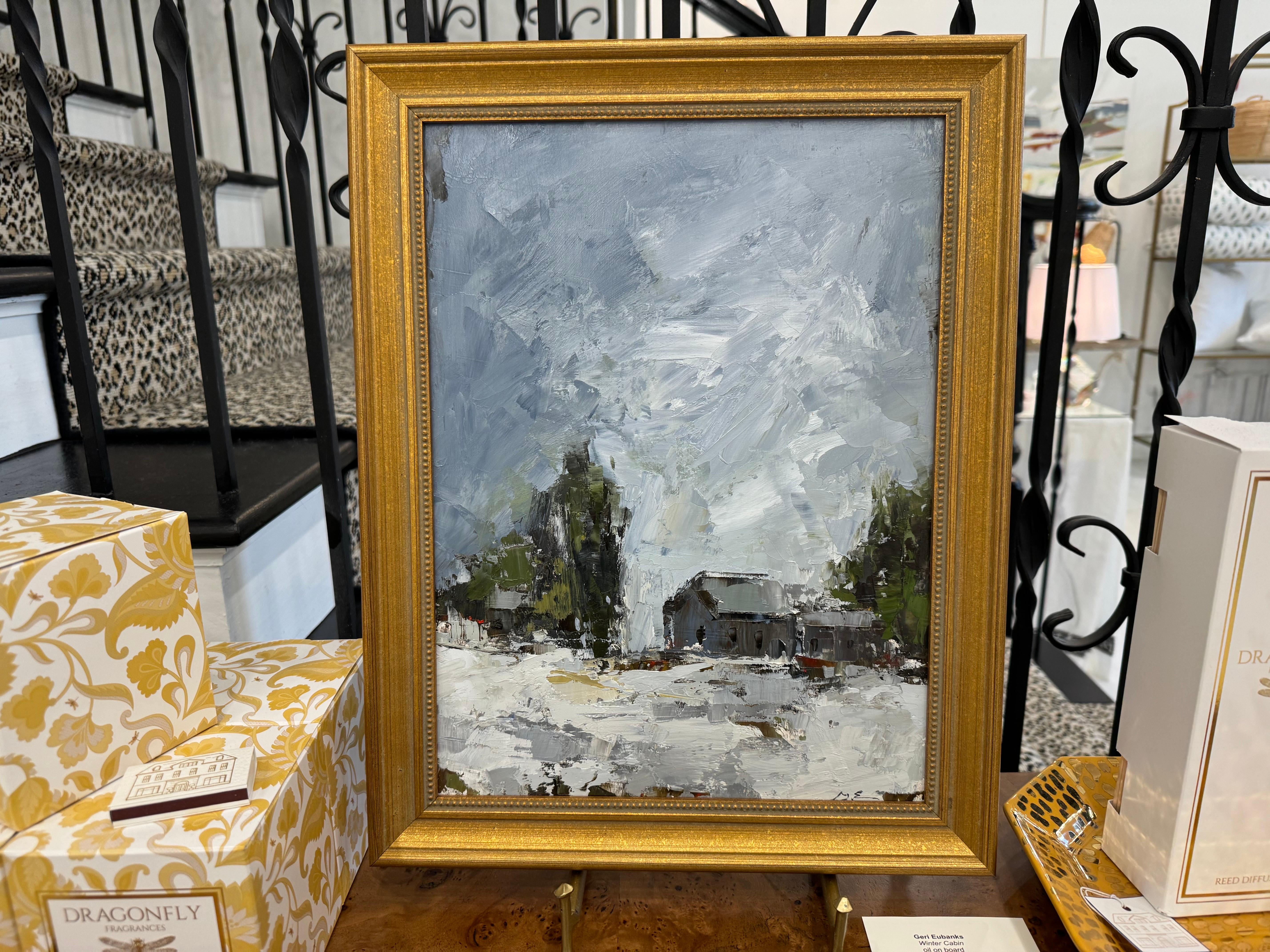 Winter Cabin by Geri Eubanks, Petite Framed Impressionist Landscape Oil Painting For Sale 2