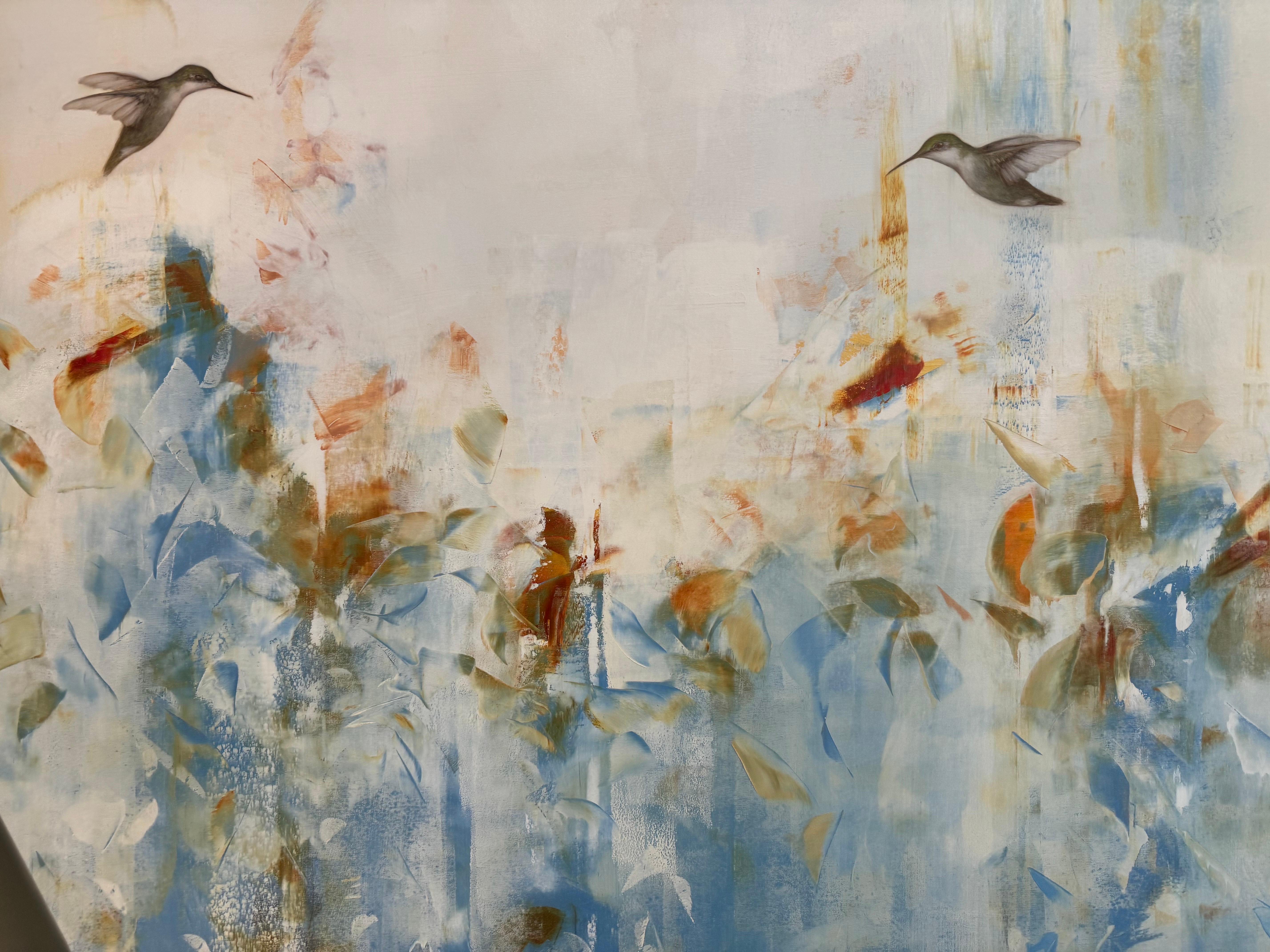 Garten der Rose und des Goldes von Jessica Pisano, Zeitgenössische Vogelmalerei in Öl im Angebot 2
