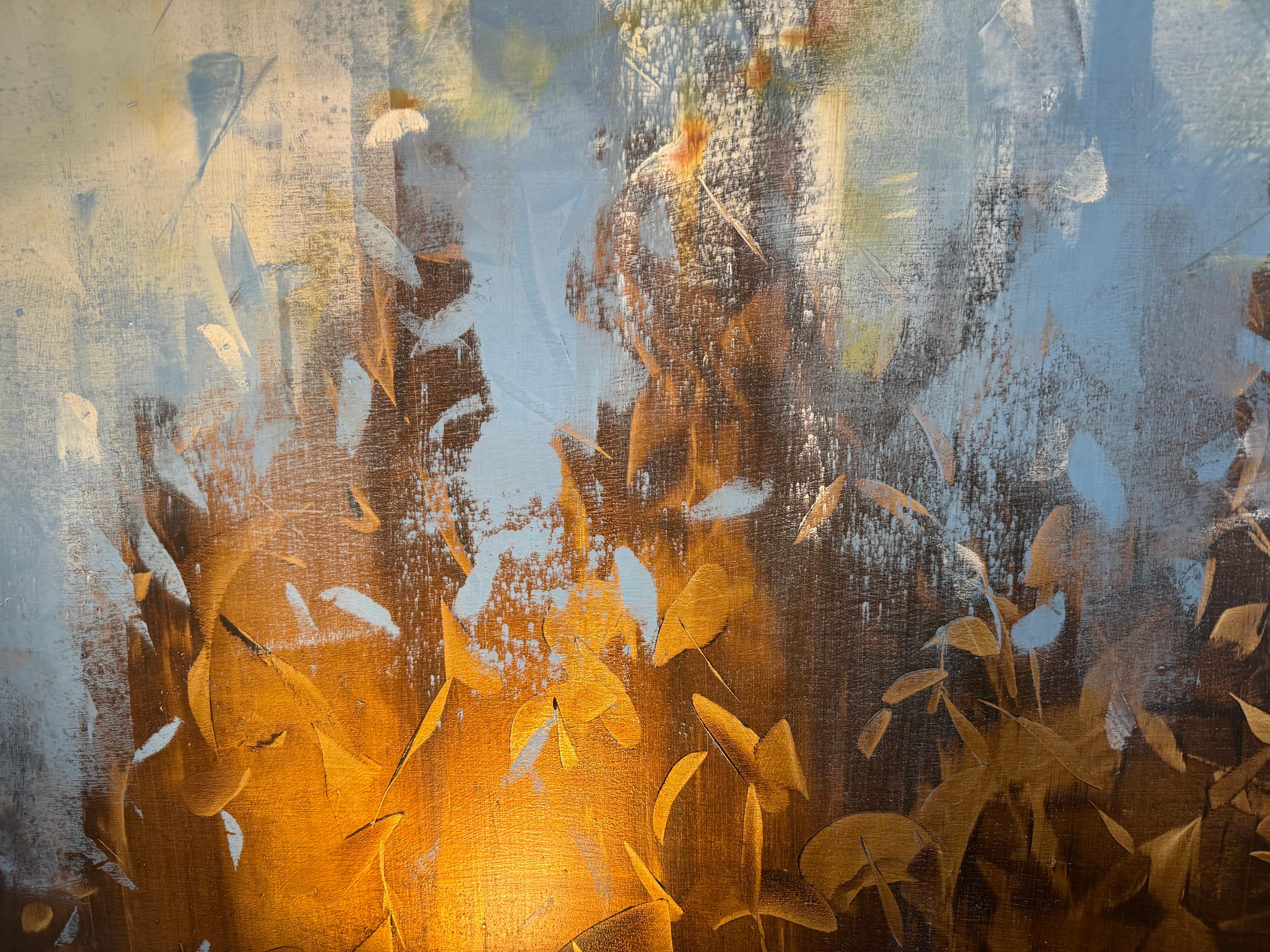Jardín de rosas y oro de Jessica Pisano, Pintura al óleo contemporánea sobre aves 3