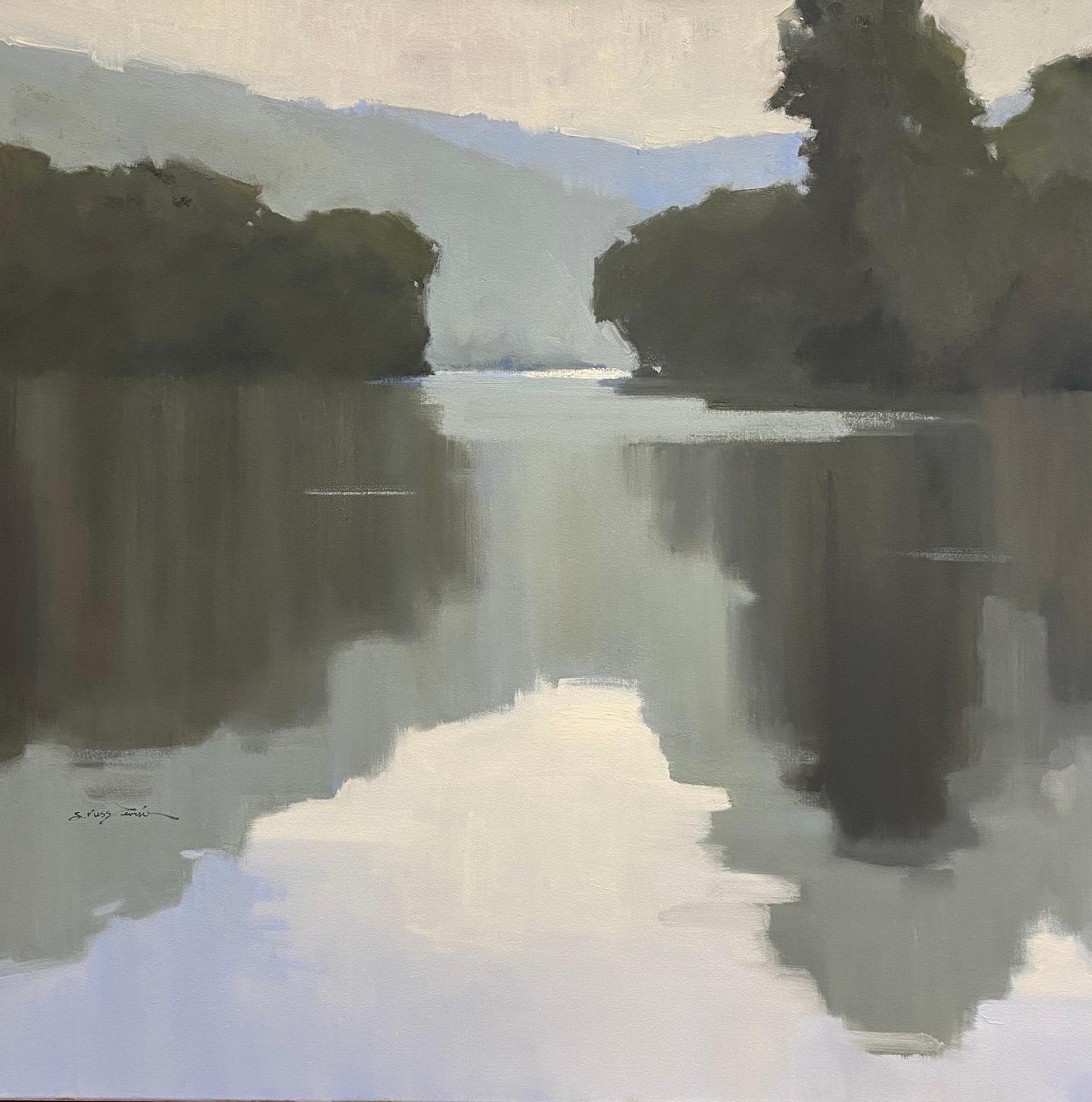 Misty Morning von Sherrie Russ Levine, Quadratisches Landscapr-Gemälde im Angebot 2