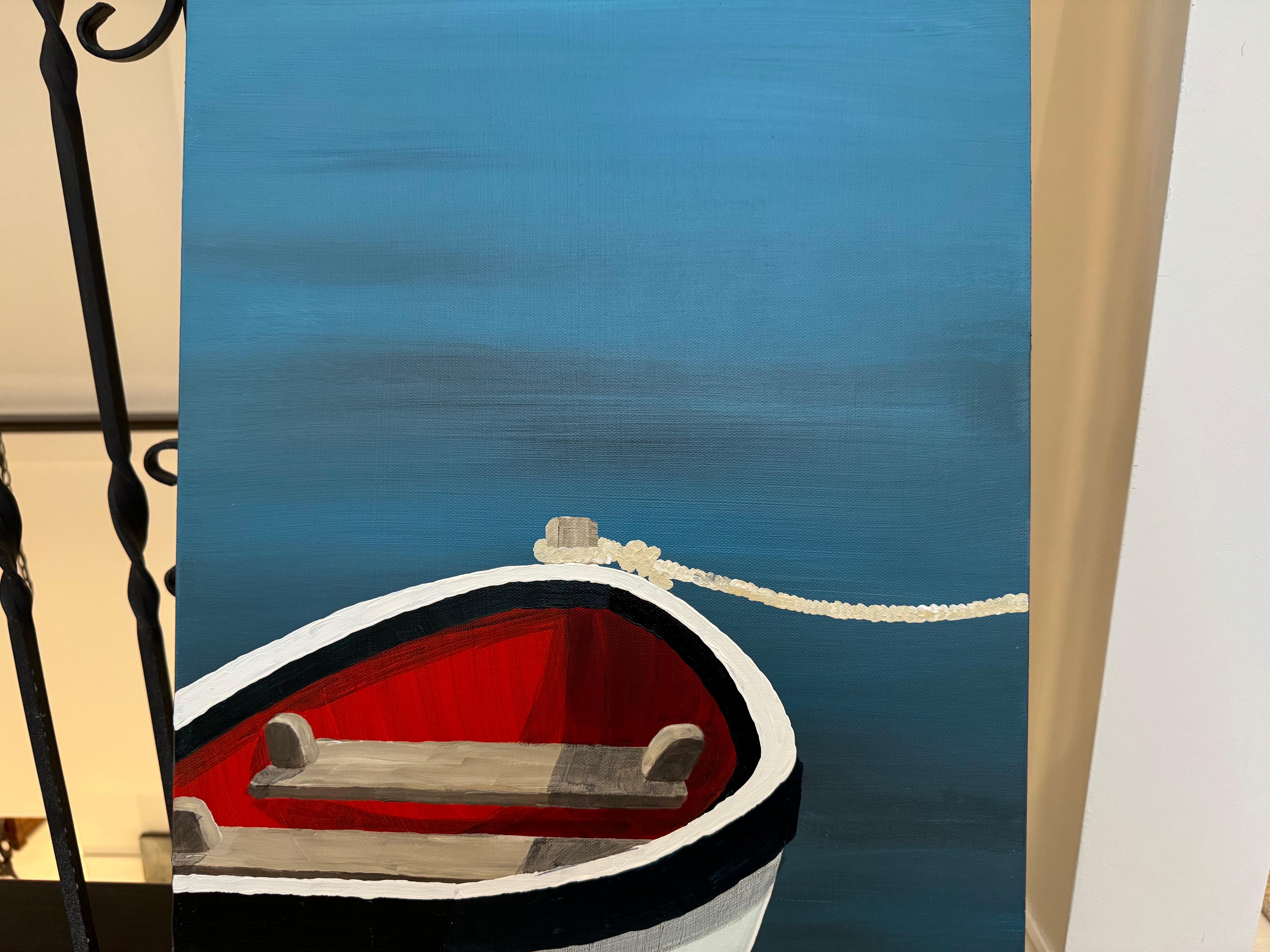 In Serenity von Susan Kinsella, Strand, Kanus Acryl auf Leinwand Gemälde, Blau im Angebot 5