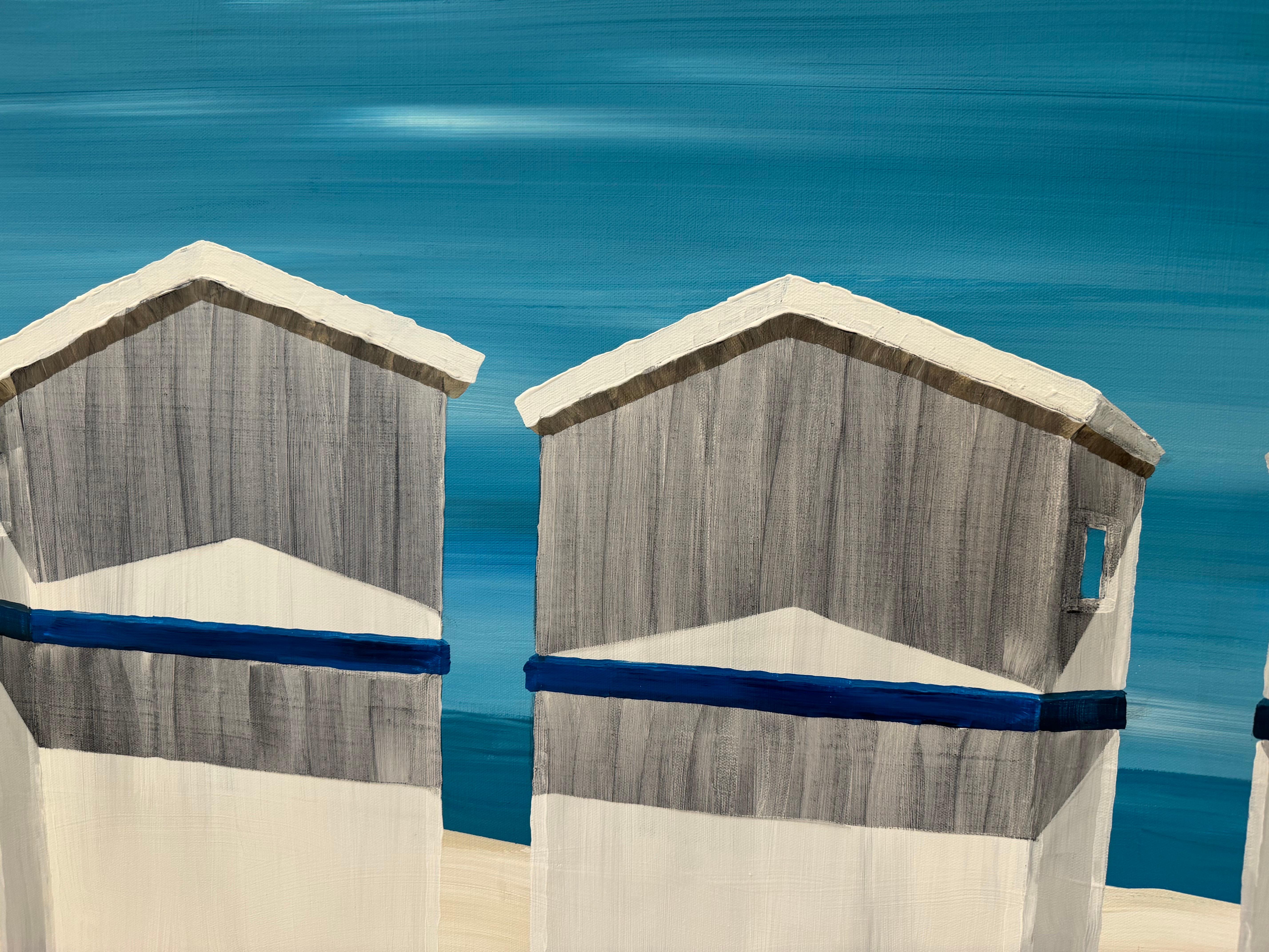 Cabines I by Susan Kinsella, Beach Acrylic on Canvas Painting, Blue For Sale 2