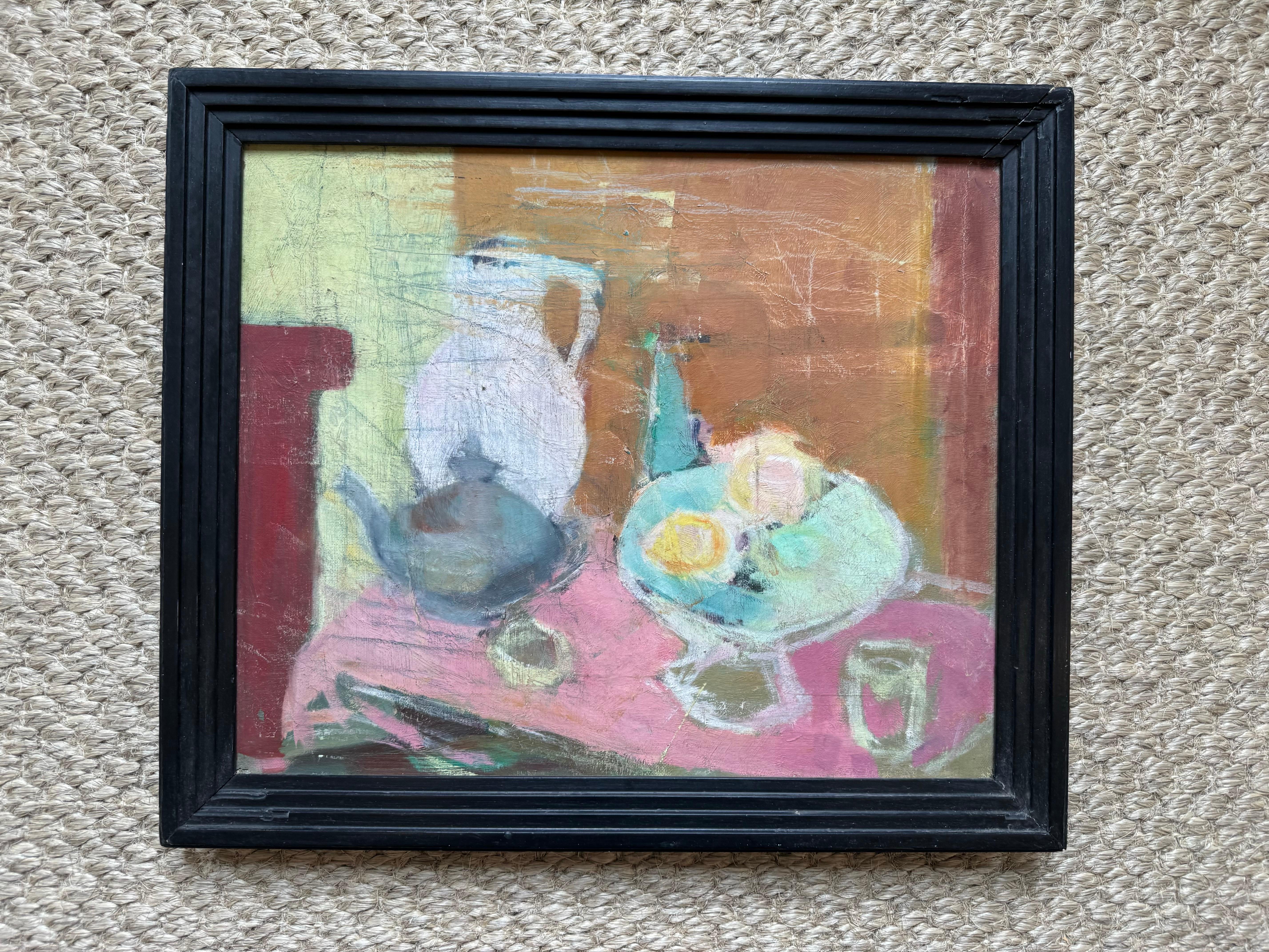 High Tea, Framed Oil on Canvas Colorful Still Life With Pink, Fruit, Teapot - Painting by Unknown