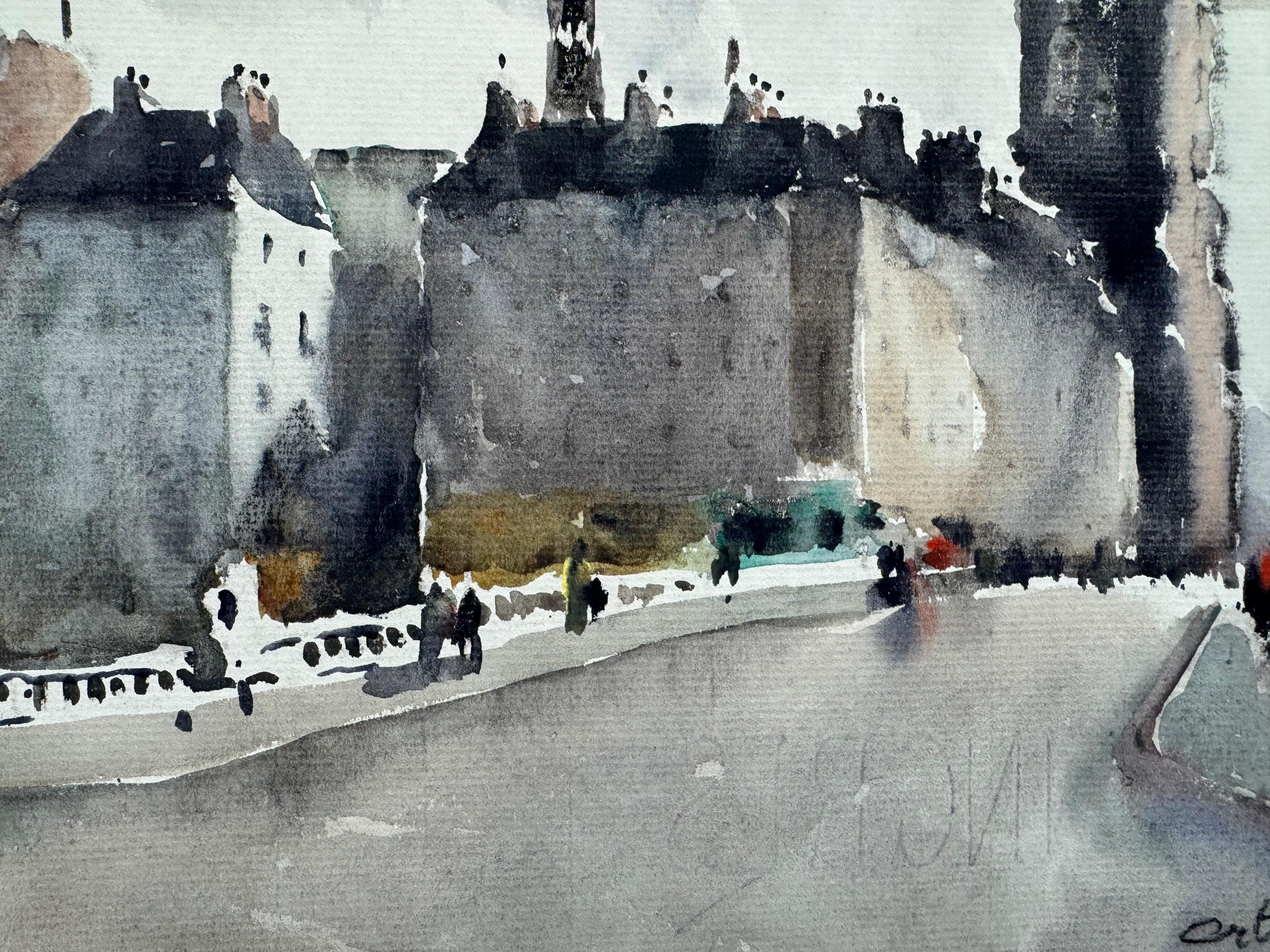 Steeple Scene, Mixed Media on Paper Colorful Paris City Scene - Impressionist Painting by Unknown