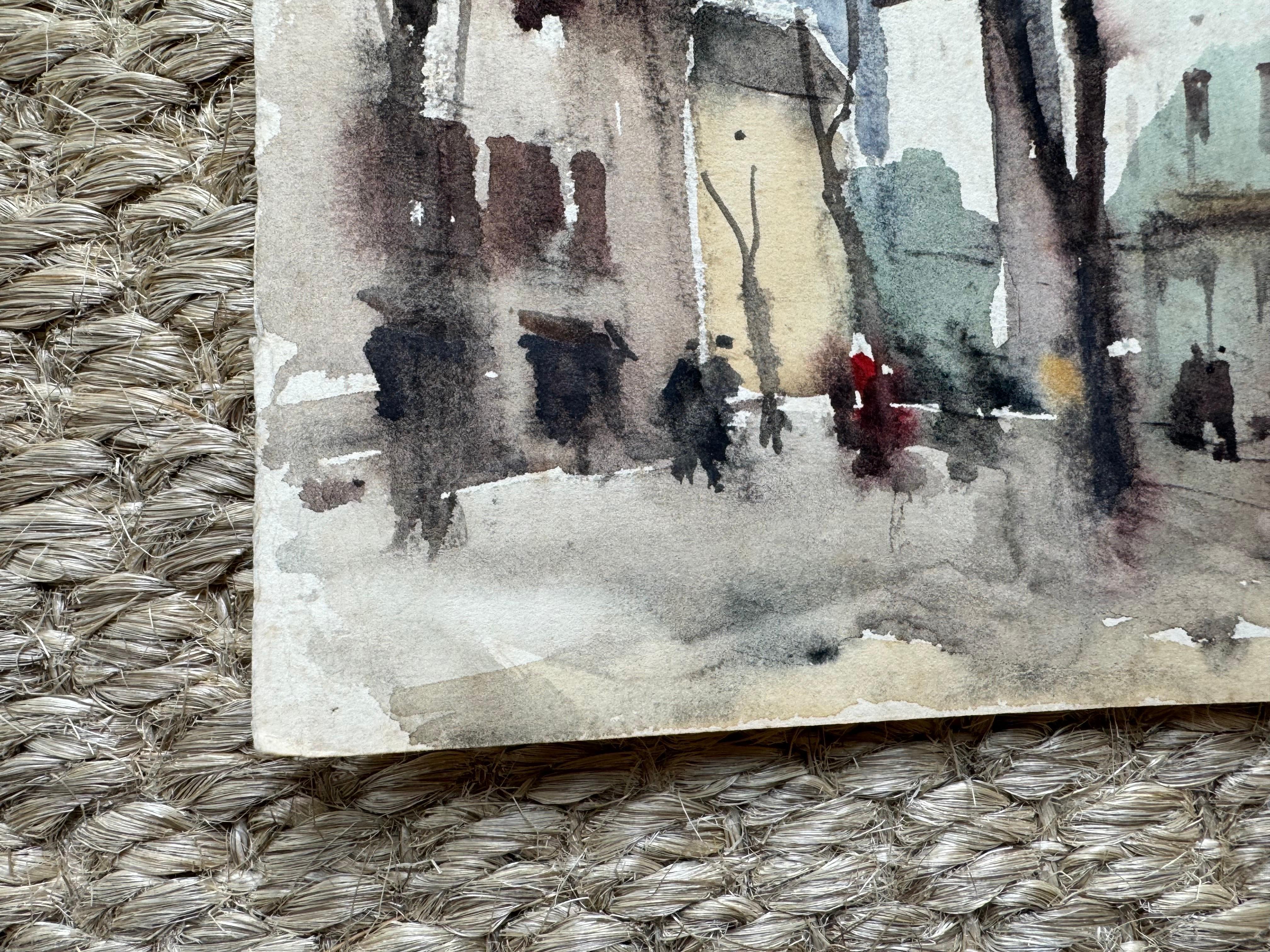 Parisian Stroll, Mixed Media on Paper Colorful Paris City Scene - Impressionist Painting by Unknown
