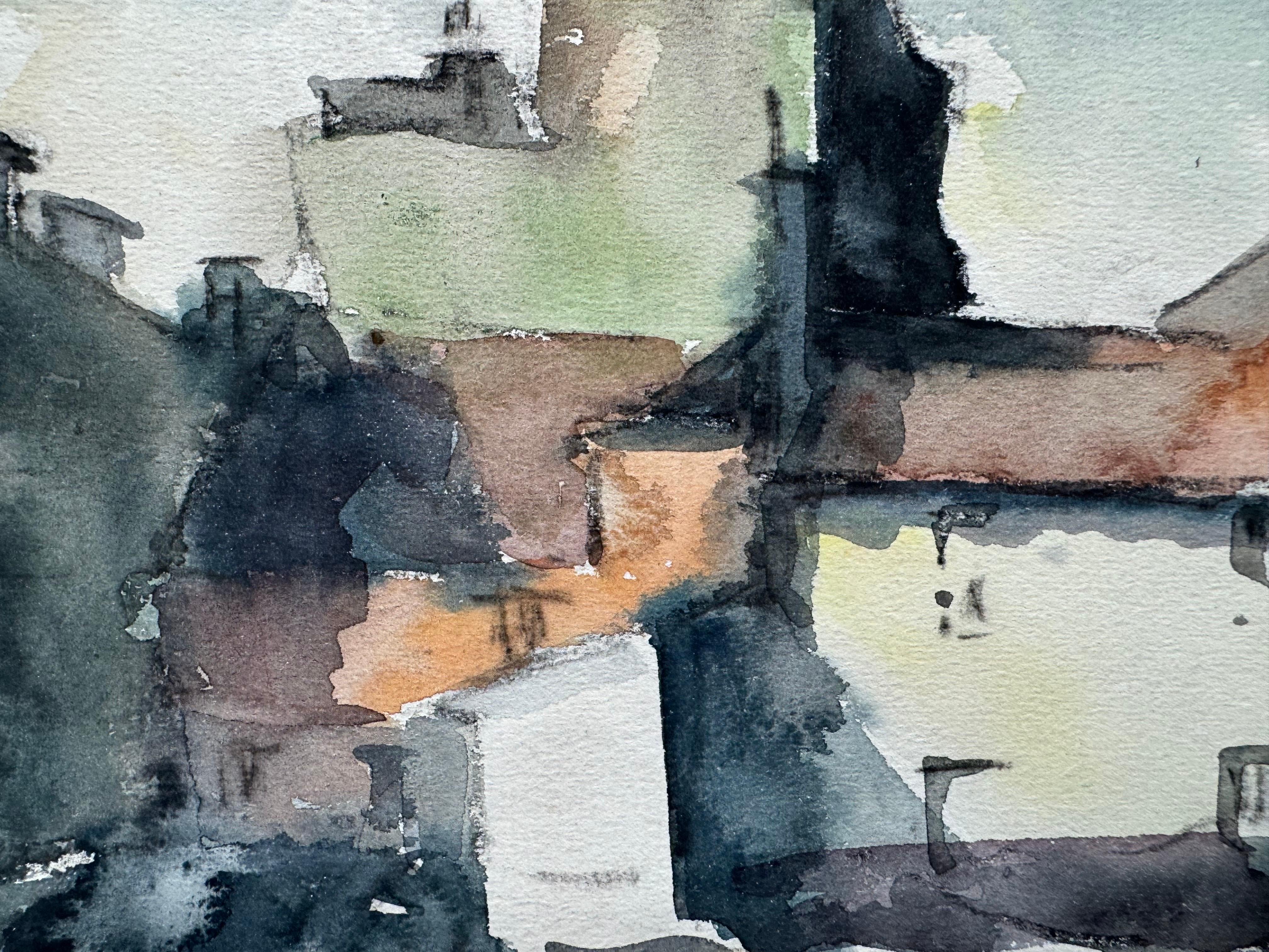 French Rooftops, Mixed Media on Paper Colorful CItyscape of Paris For Sale 1