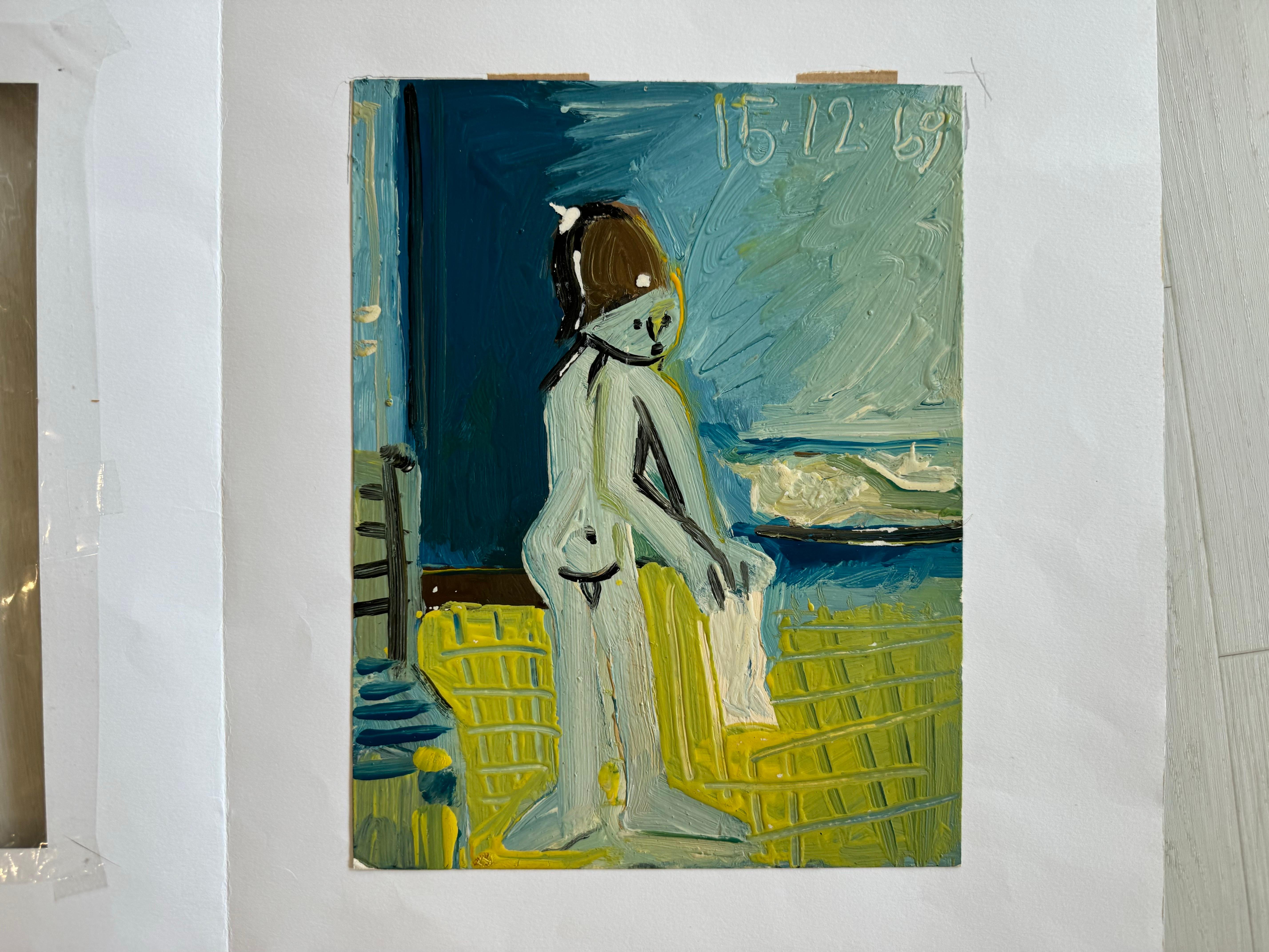 Peinture figurative cubiste française sur carton William par Raymond Debieve en vente 1