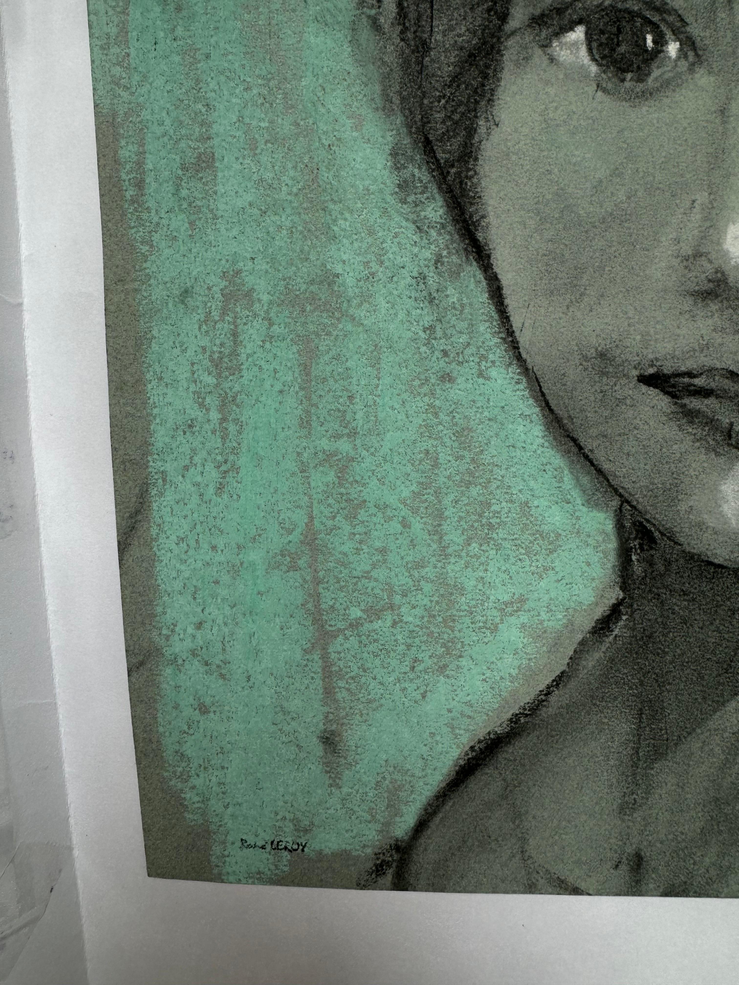 Julie by Rene Leroy, French Cubist Figurative Painting on Carton - Gray Figurative Art by rene leroy