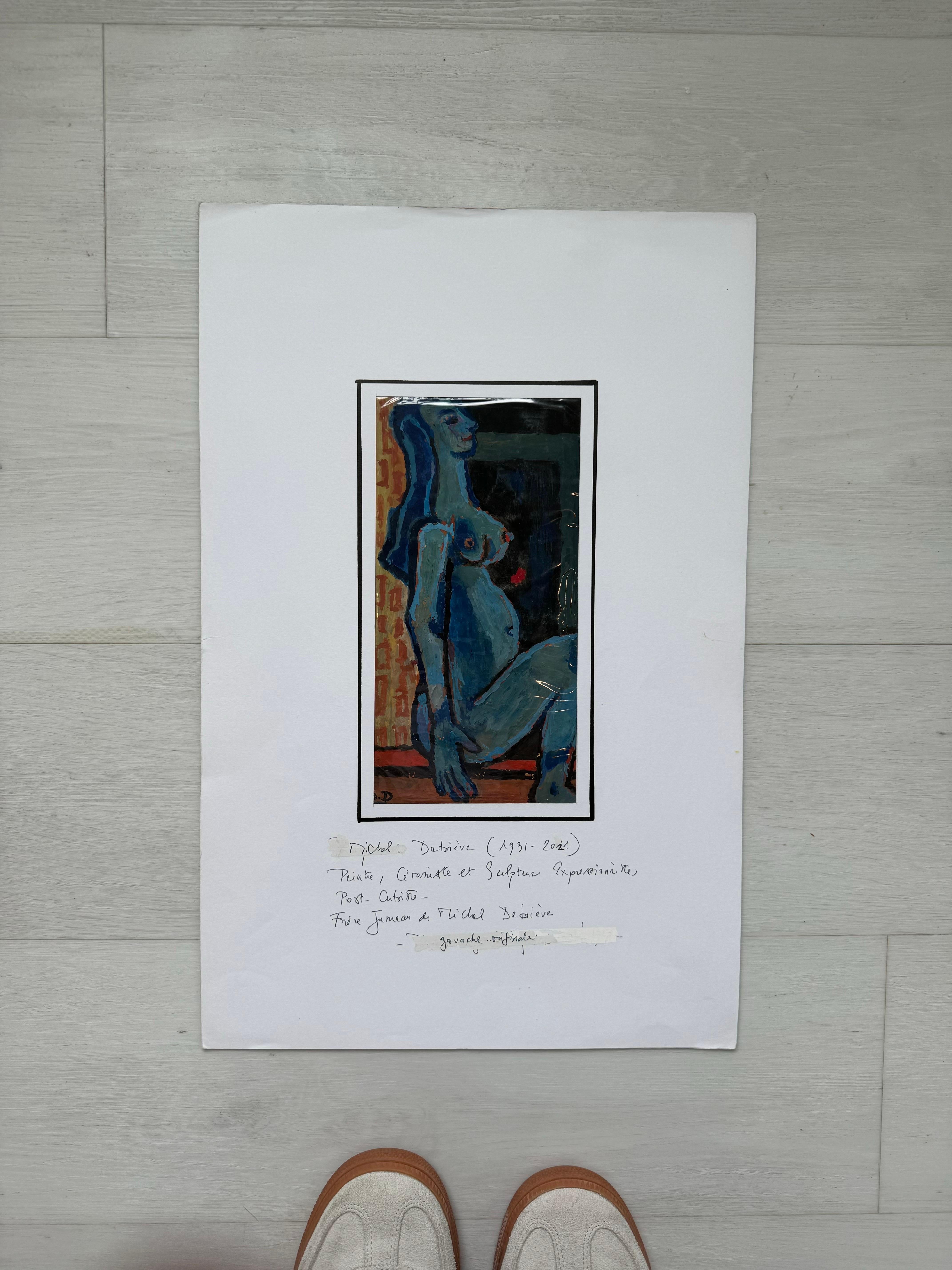 Blaue Figur sitzend von Michel Debieve, französisches kubistisches Gemälde aus der Mitte des Jahrhunderts – Art von Michel Debiève
