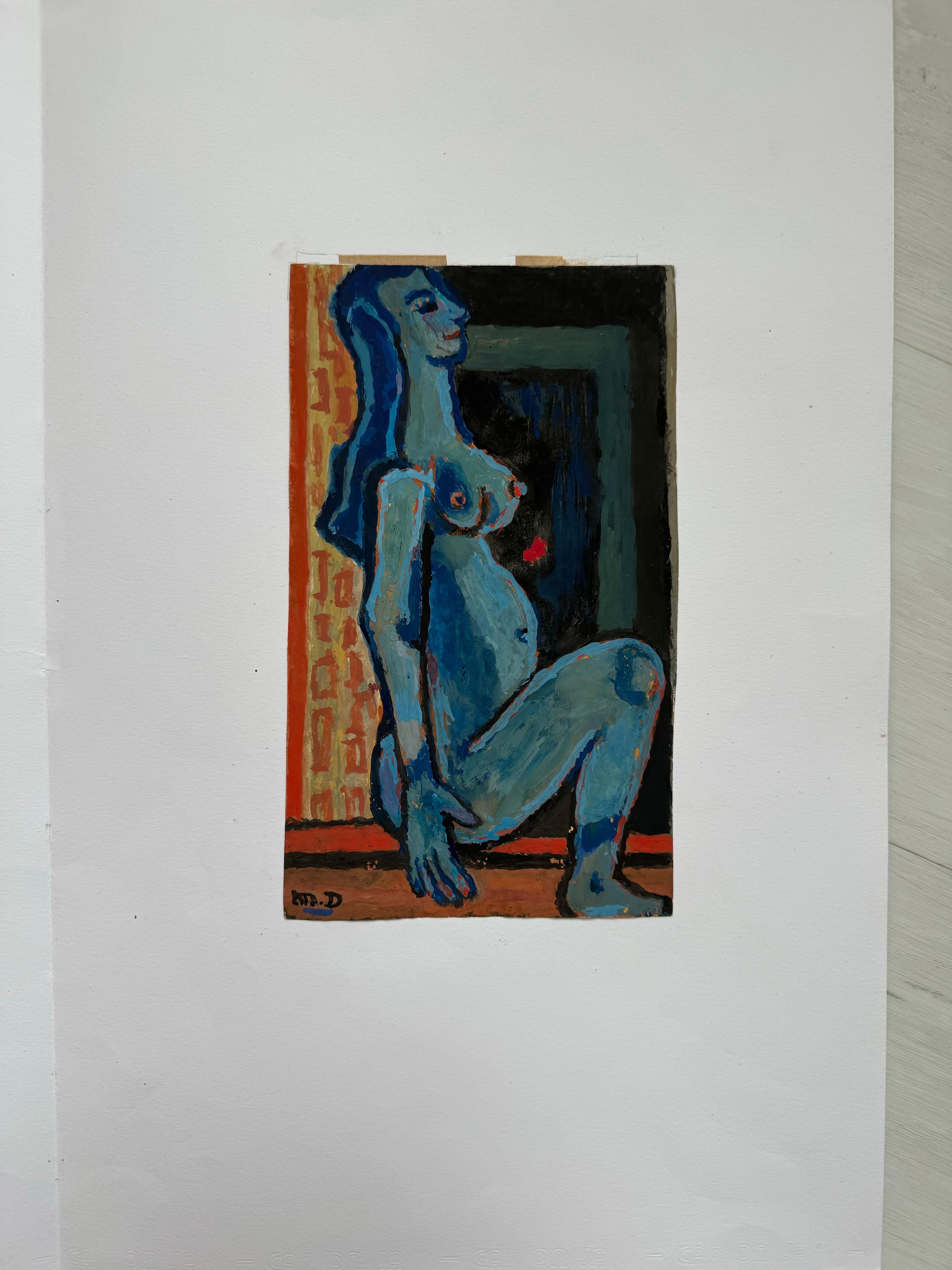 Blaue Figur sitzend von Michel Debieve, französisches kubistisches Gemälde aus der Mitte des Jahrhunderts (Kubismus), Art, von Michel Debiève