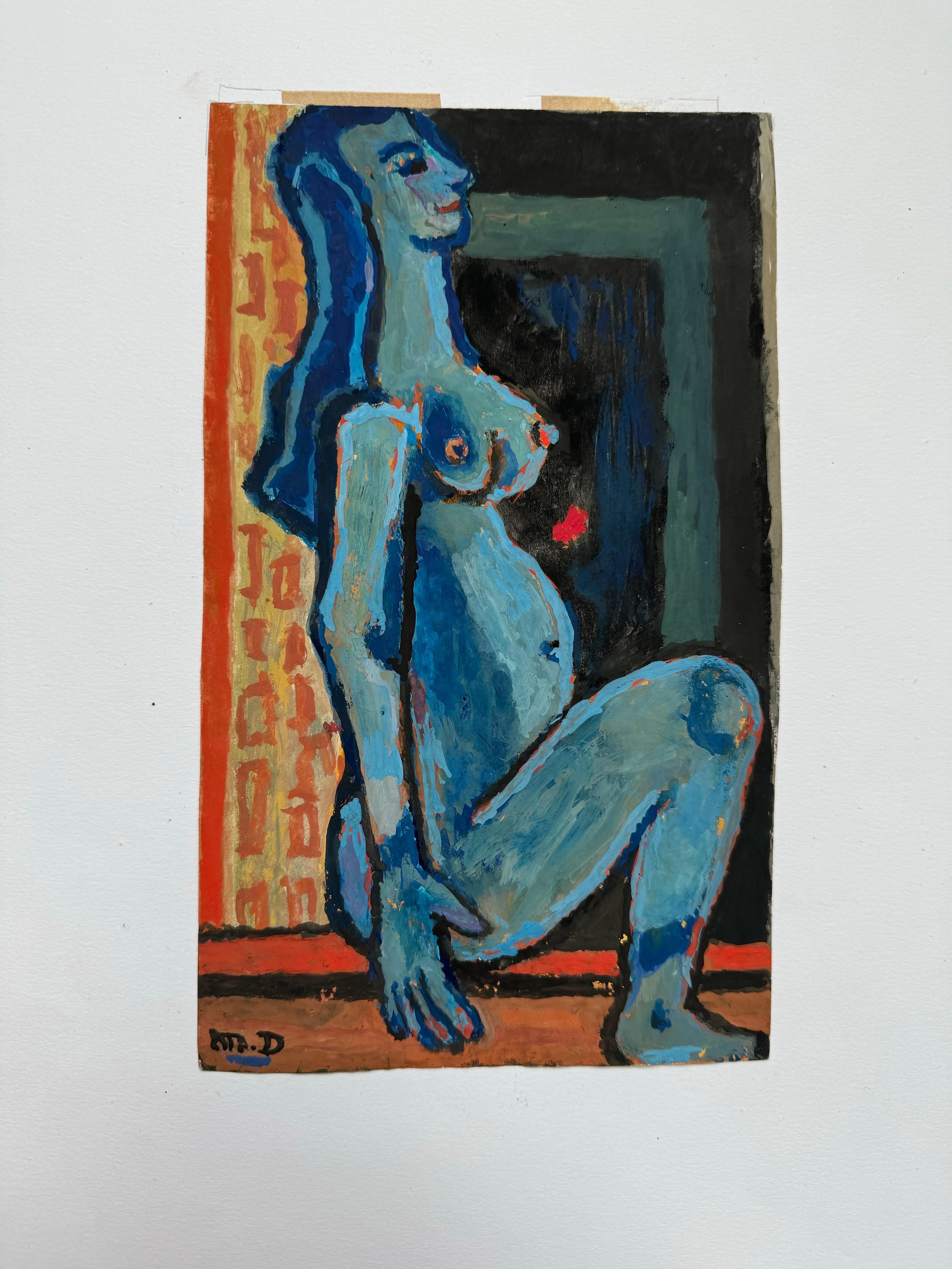 Blue Figure Sitting by Michel Debieve Mid-Century French Cubist Painting For Sale 1