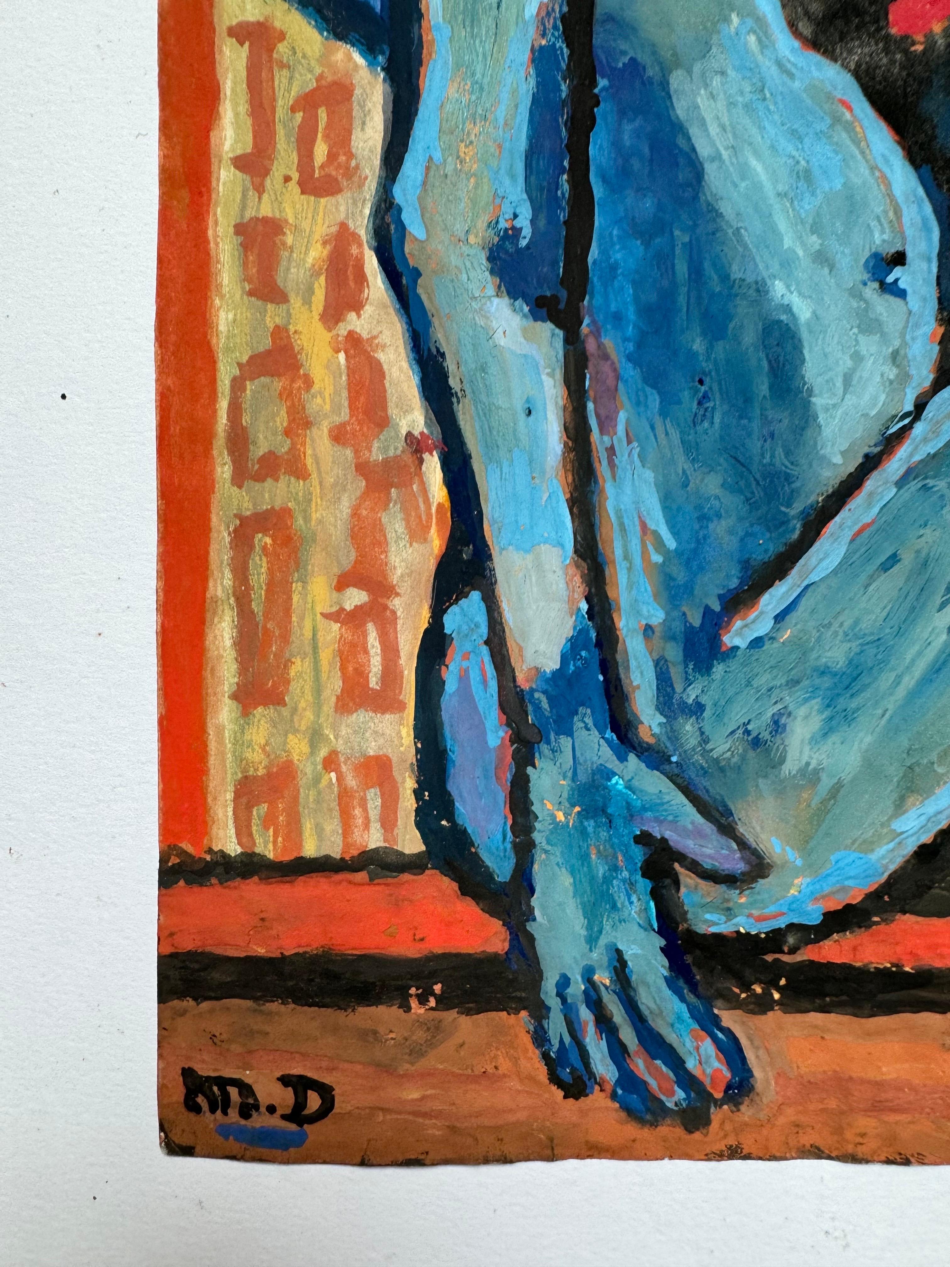 Blue Figure Sitting by Michel Debieve Mid-Century French Cubist Painting For Sale 2