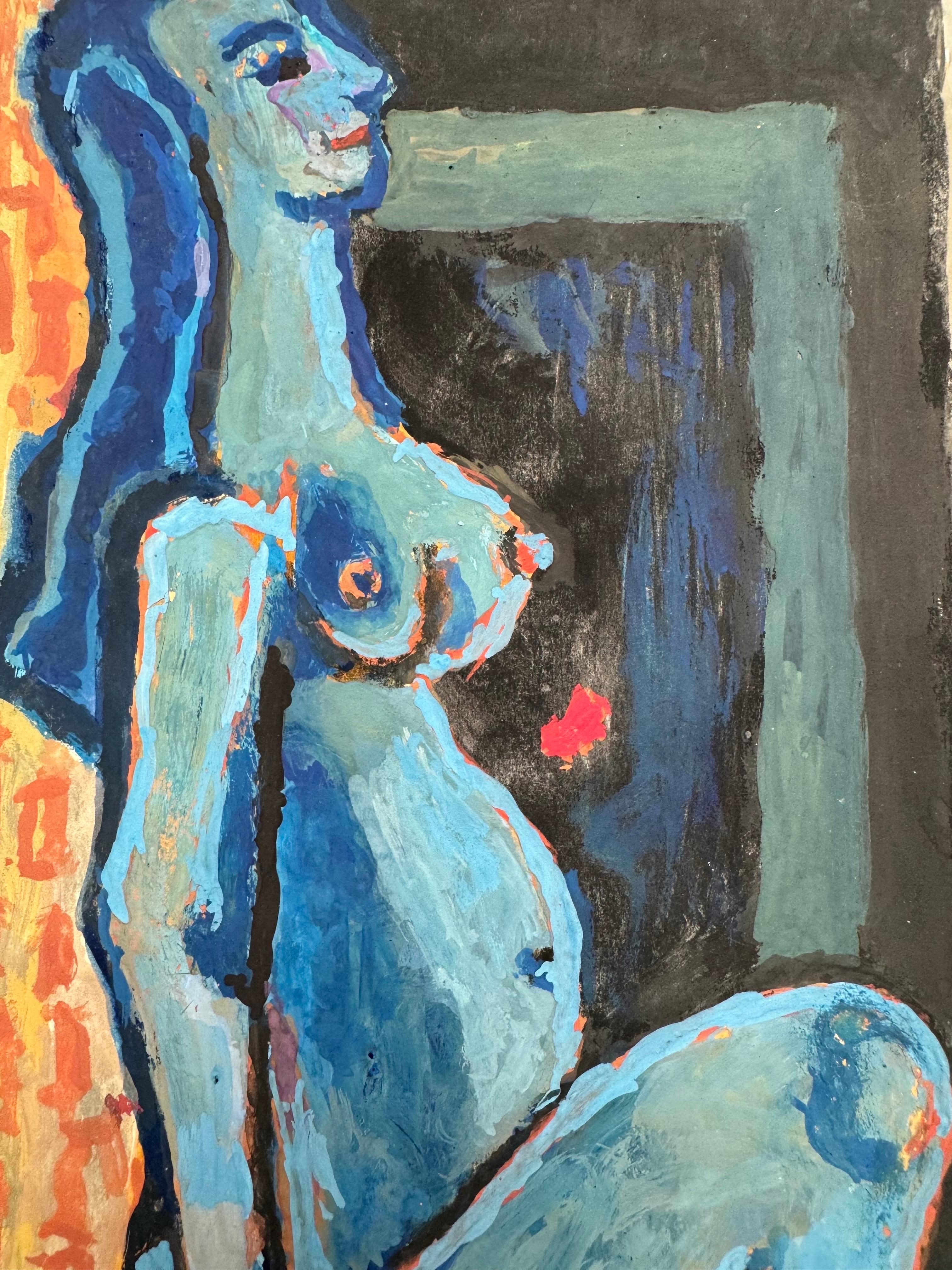 Blue Figure Sitting by Michel Debieve Mid-Century French Cubist Painting For Sale 3