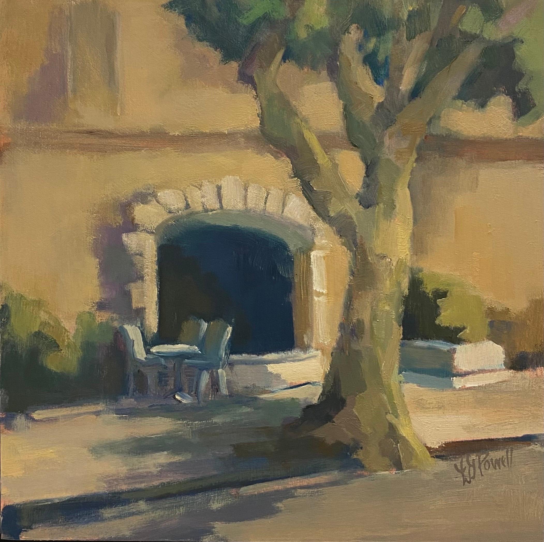 Plane Tree Cafe by Lesley Powell, Oil French Scene with Green and Neutral For Sale 2