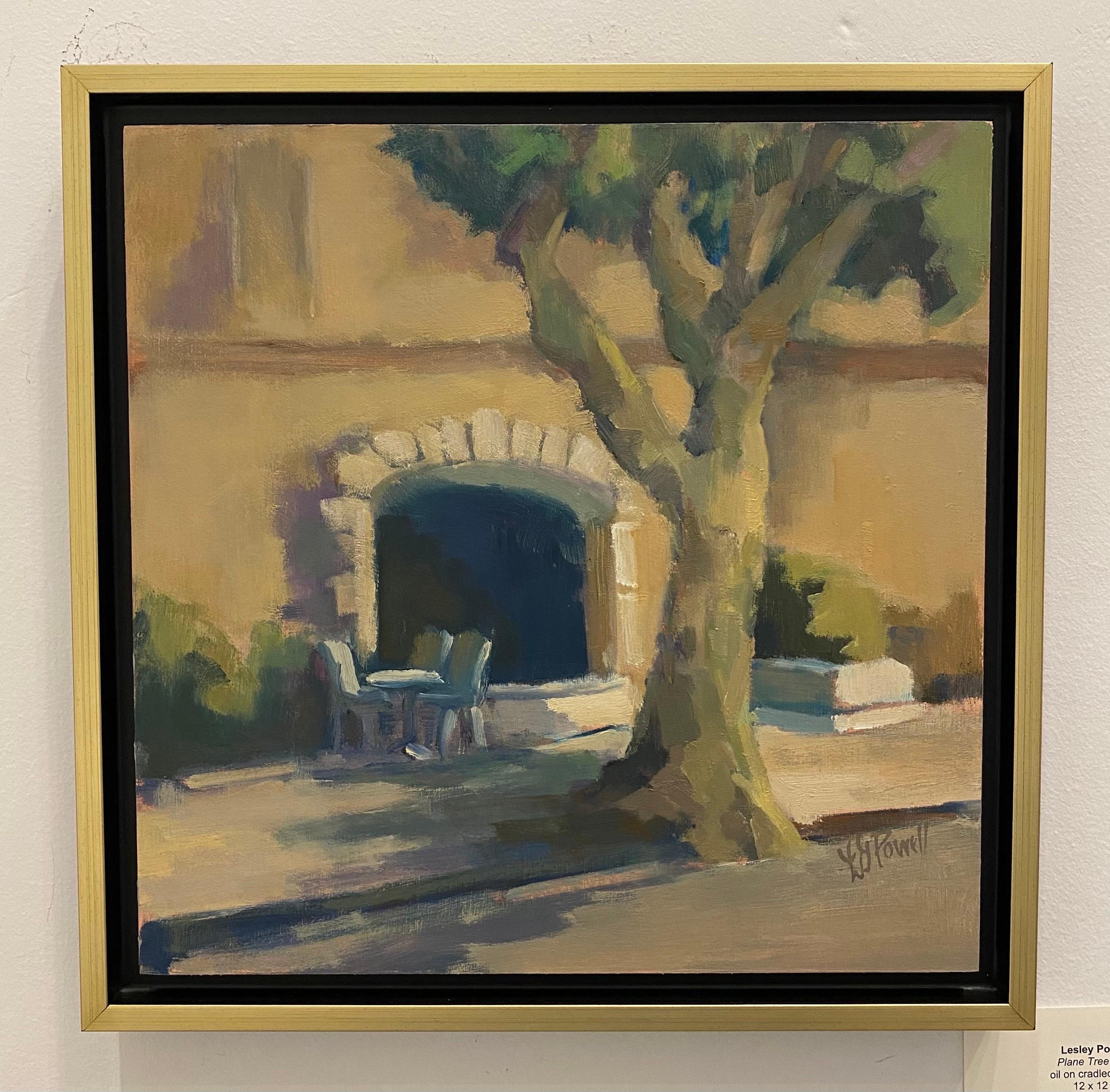 Plane Tree Cafe by Lesley Powell, Oil French Scene with Green and Neutral For Sale 1