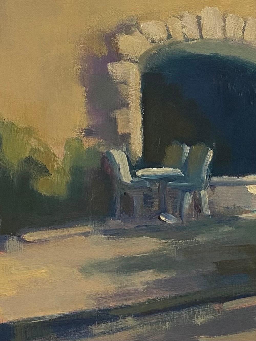 Plane Tree Cafe by Lesley Powell, Oil French Scene with Green and Neutral For Sale 3