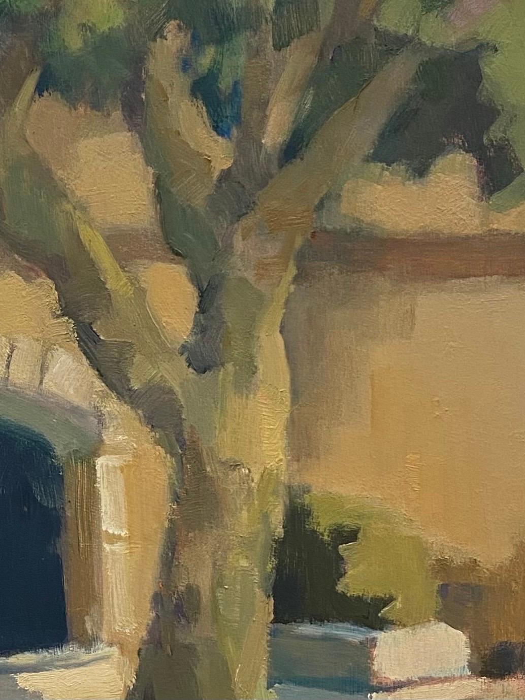 Plane Tree Cafe by Lesley Powell, Oil French Scene with Green and Neutral For Sale 4