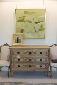 Grünes und lavendelfarbenes Kleid von Geri Eubanks, gerahmtes figuratives Ölgemälde