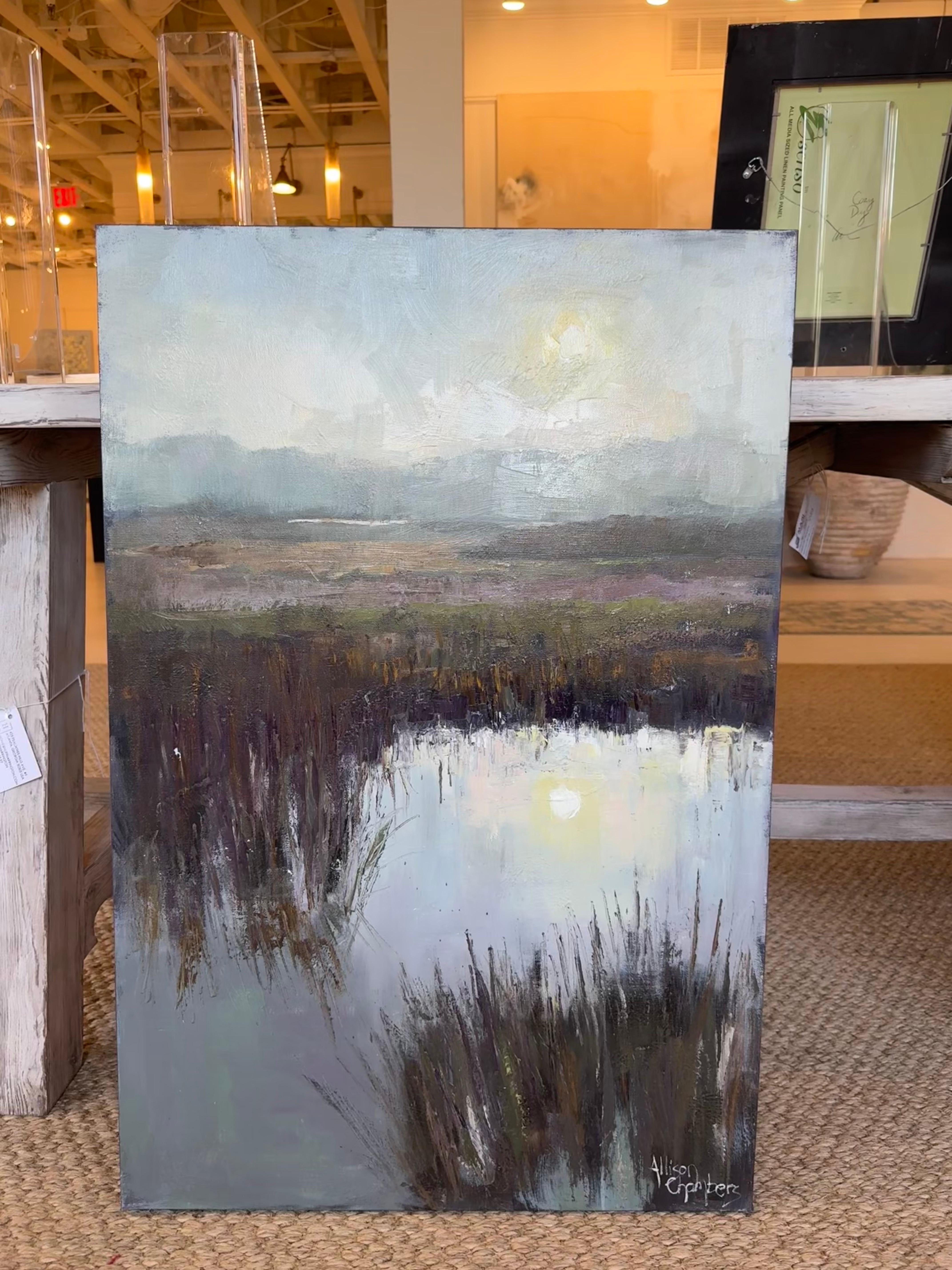 Rollin In by Allison Chambers, Large Vertical Oil Landscape Painting With Moon For Sale 1