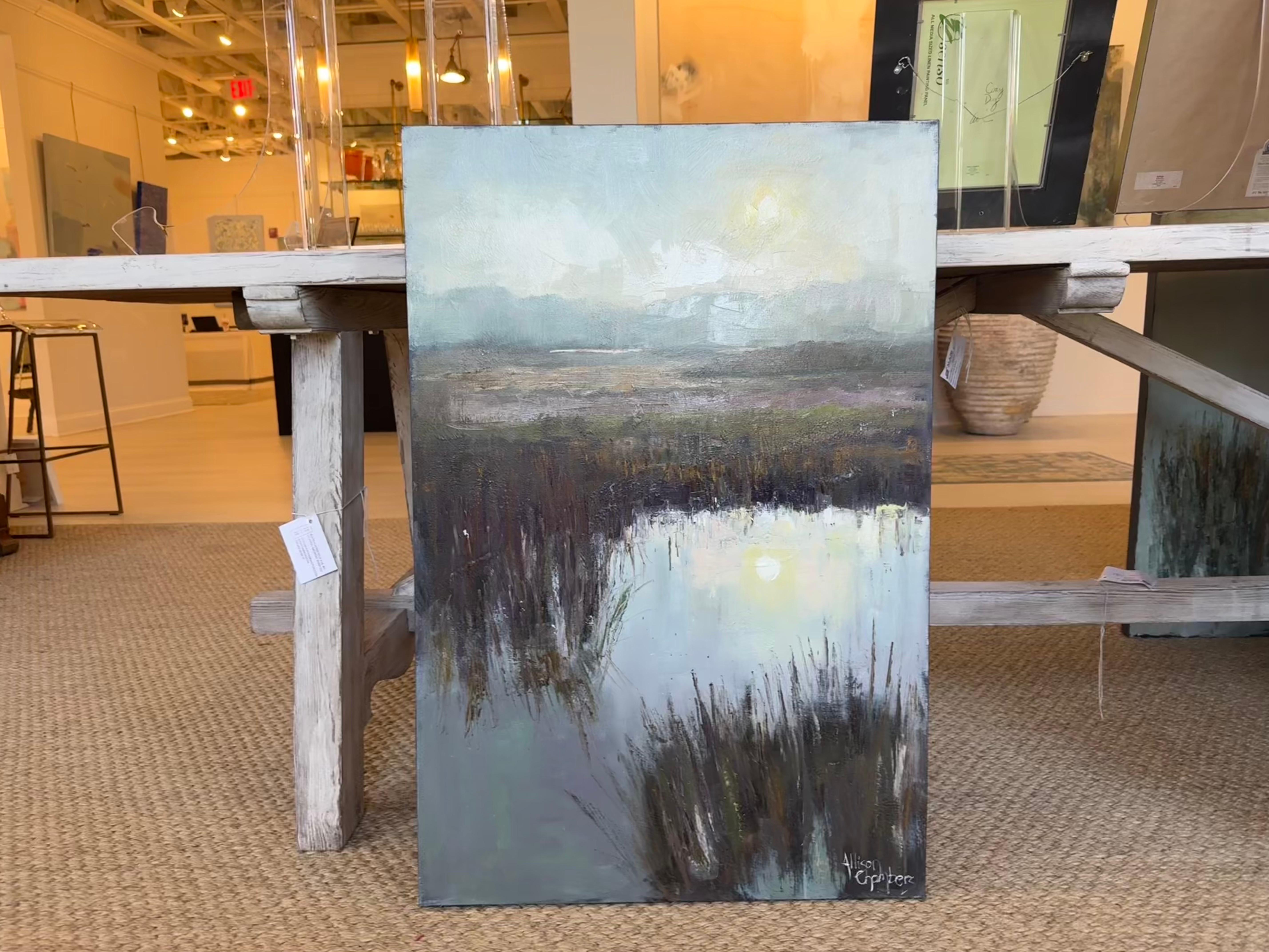 Rollin In by Allison Chambers, Large Vertical Oil Landscape Painting With Moon For Sale 2
