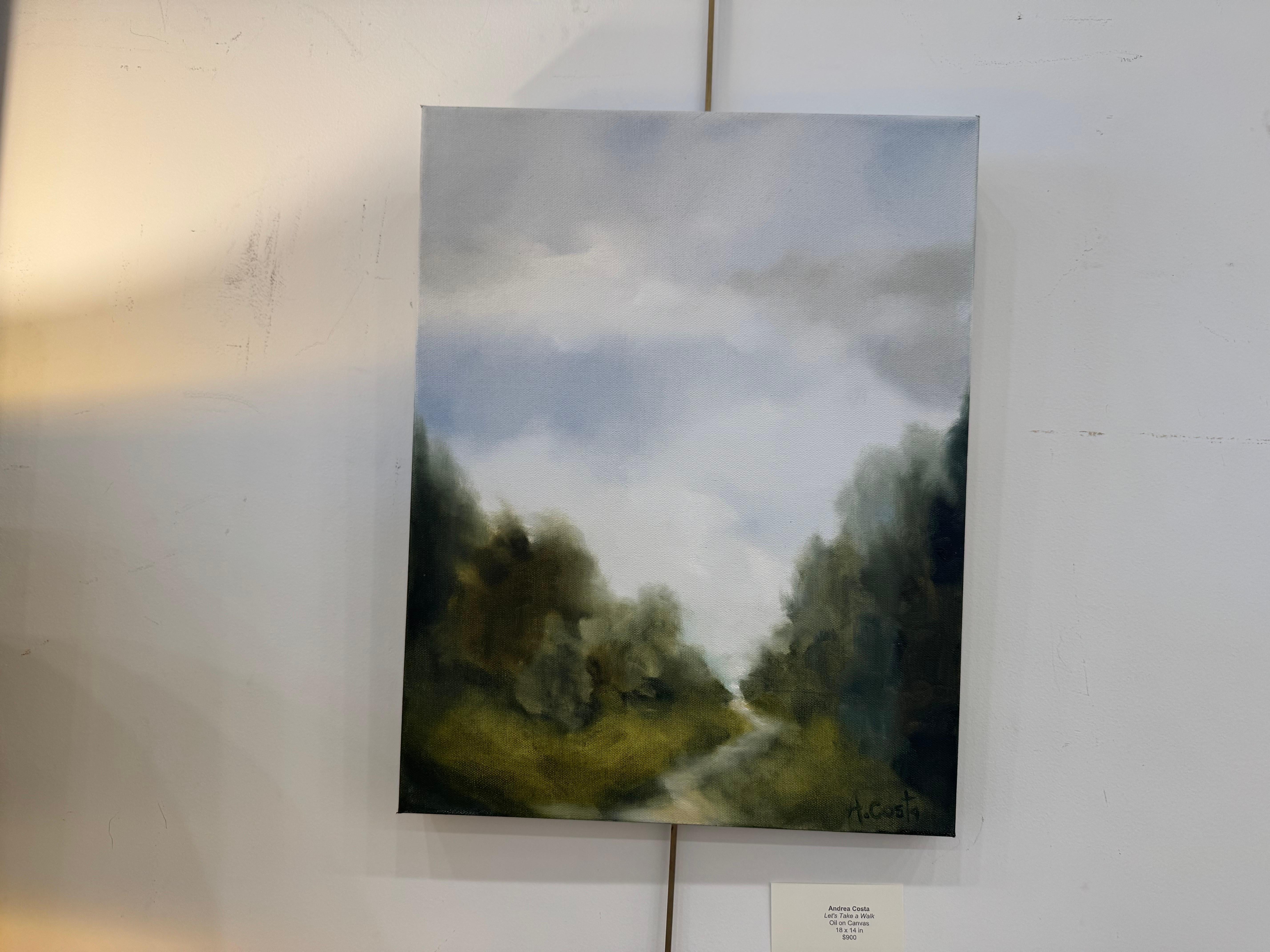 Passeggiata di Andrea Costa, Paesaggio dipinto ad olio Verticale in vendita 1