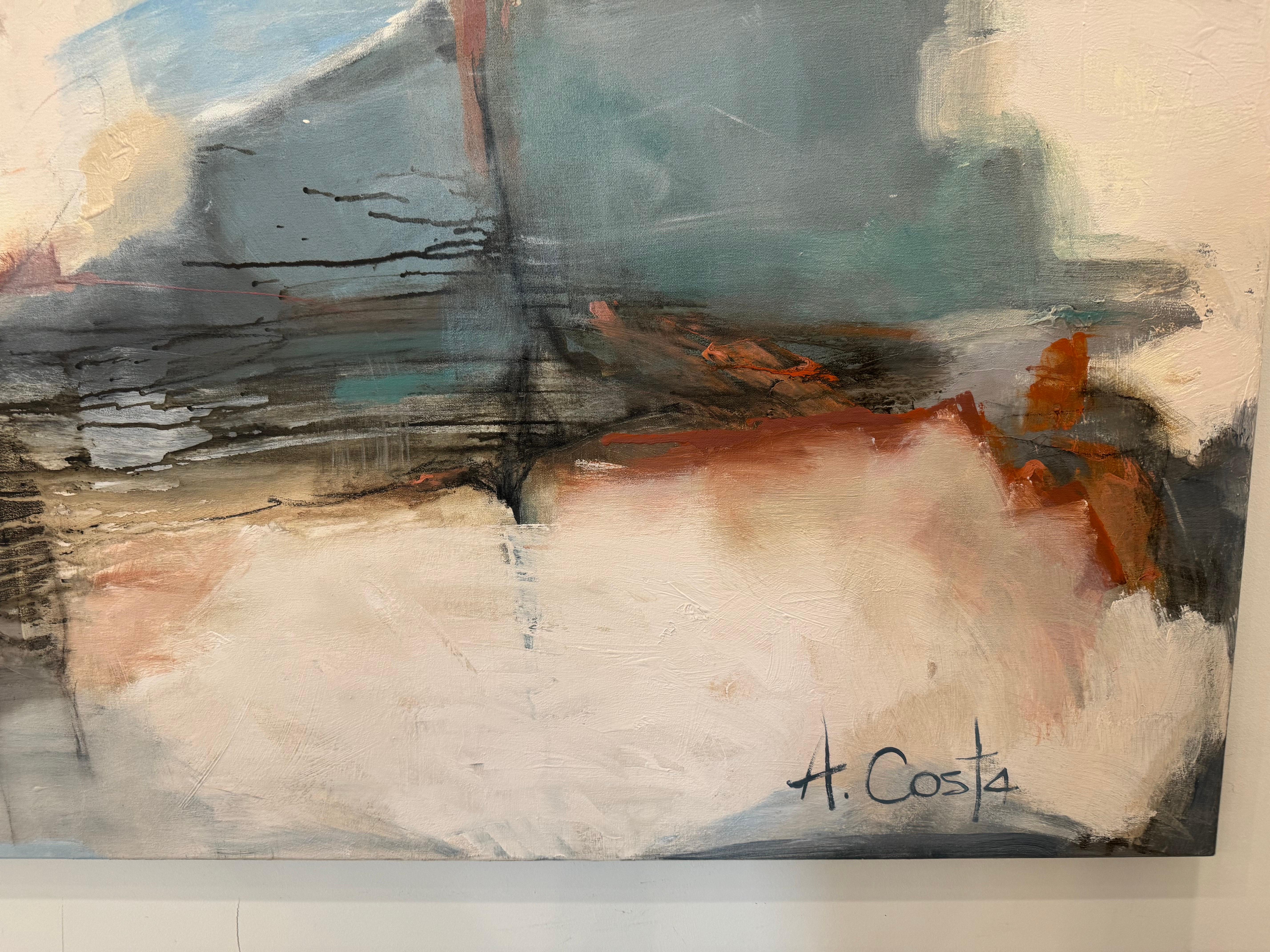 Tight Squeeze di Andrea Costa, pittura ad olio astratta con verde e blu in vendita 2
