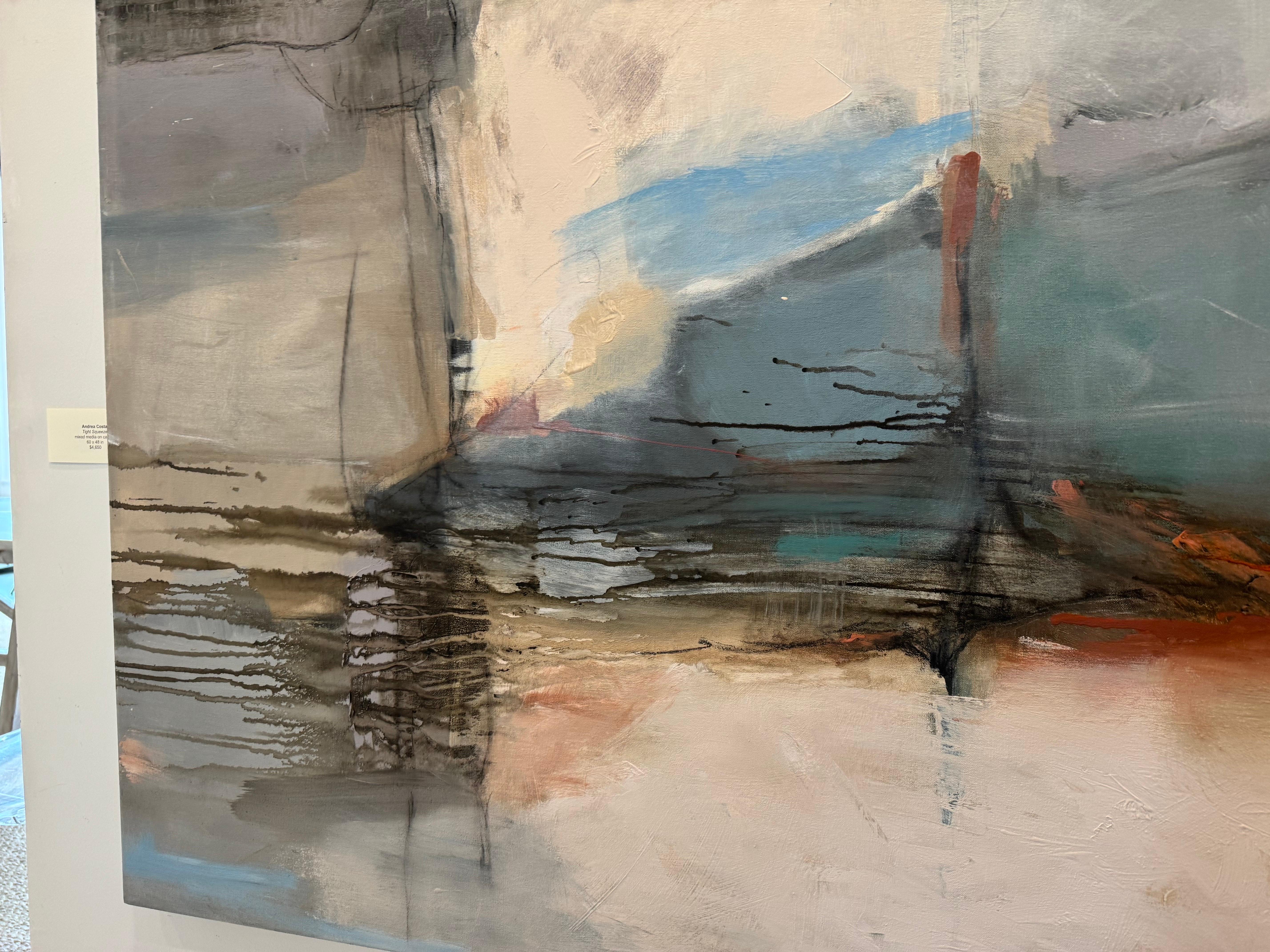 Tight Squeeze di Andrea Costa, pittura ad olio astratta con verde e blu in vendita 3