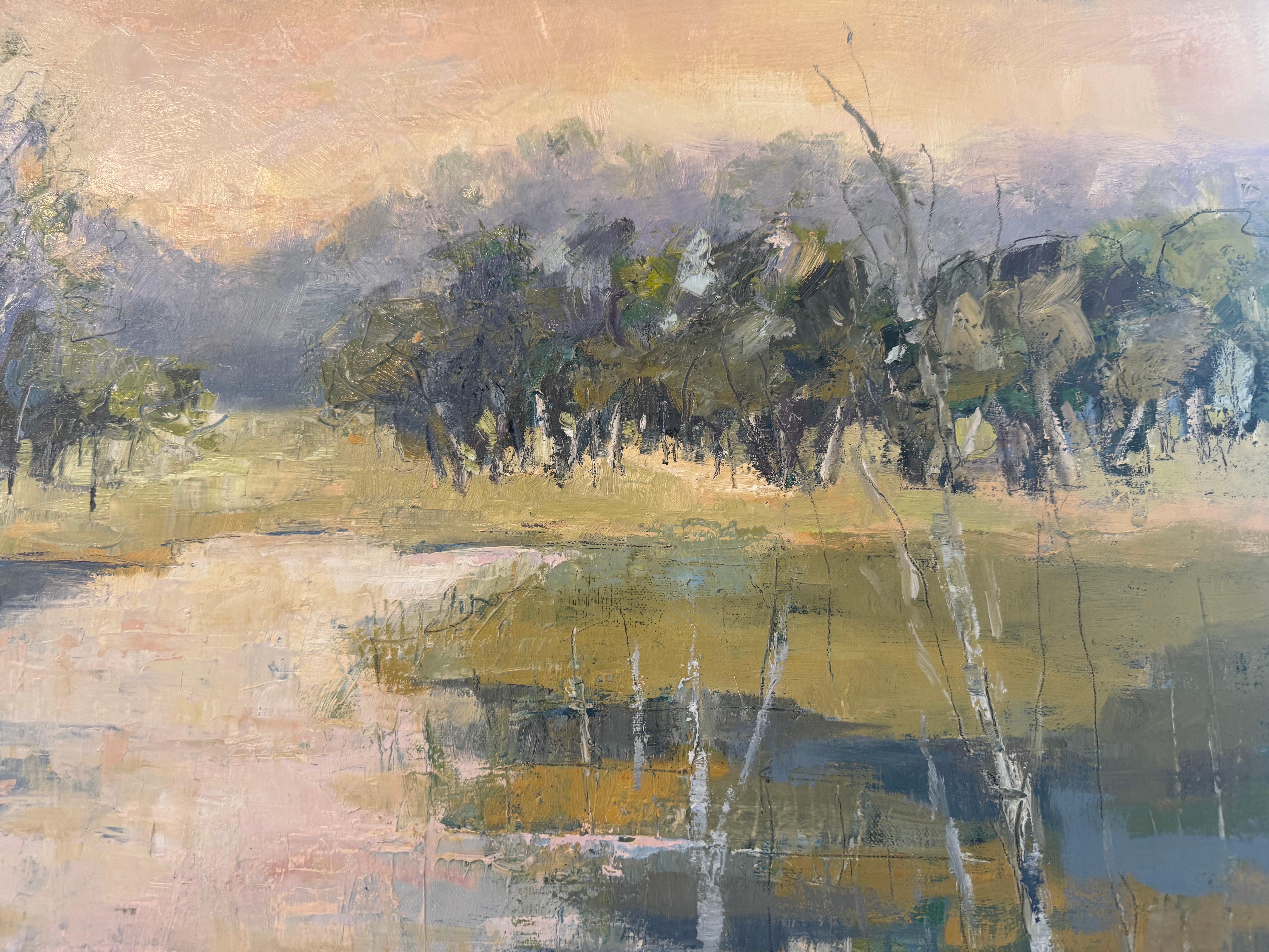 I+I di Allison Chambers, quadro quadrato di grandi dimensioni con paesaggio ad olio, lago in vendita 3