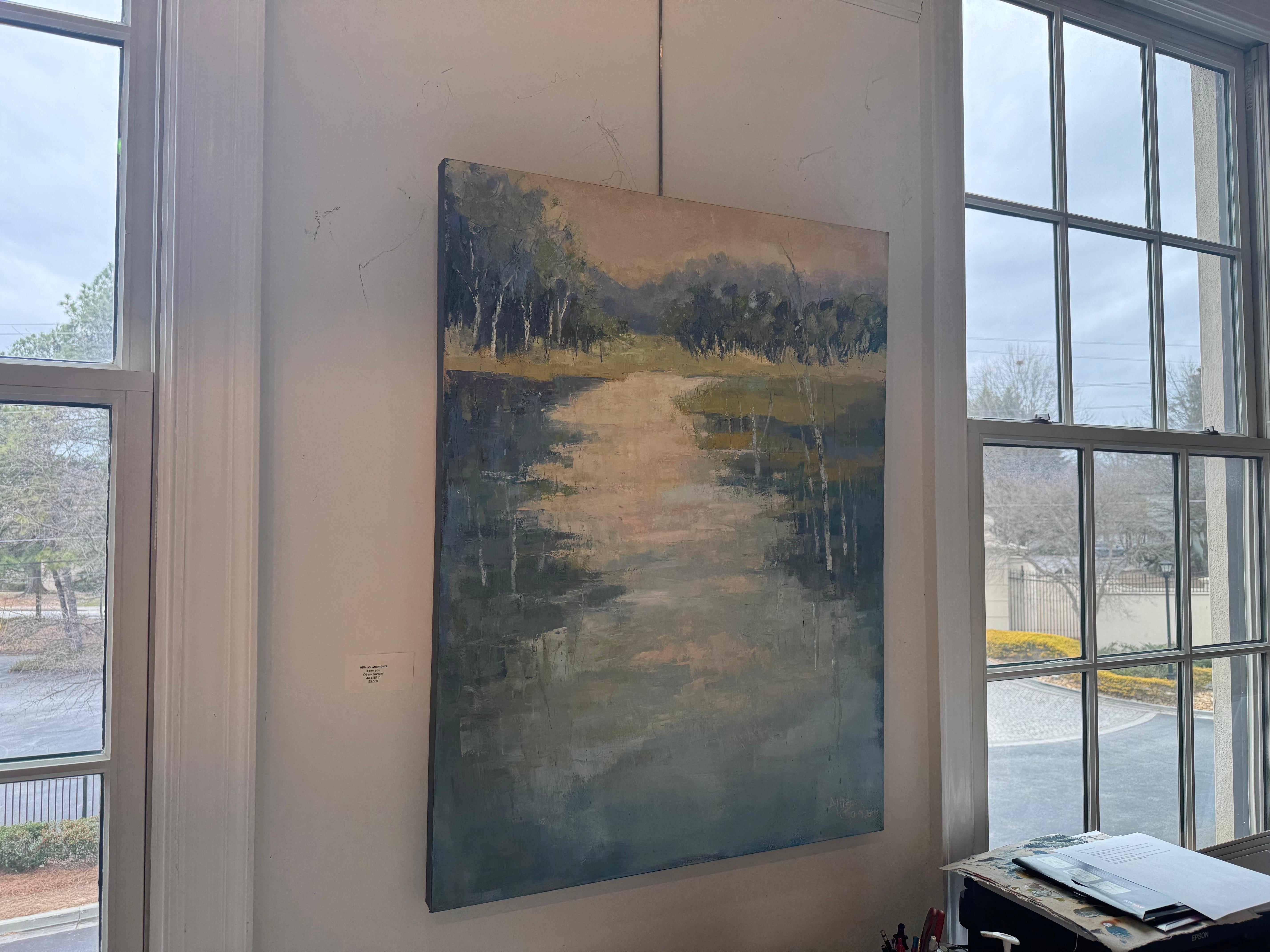 I+I di Allison Chambers, quadro quadrato di grandi dimensioni con paesaggio ad olio, lago in vendita 4
