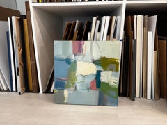 Pittura astratta mediterranea, tela mista blu, bianca e costiera