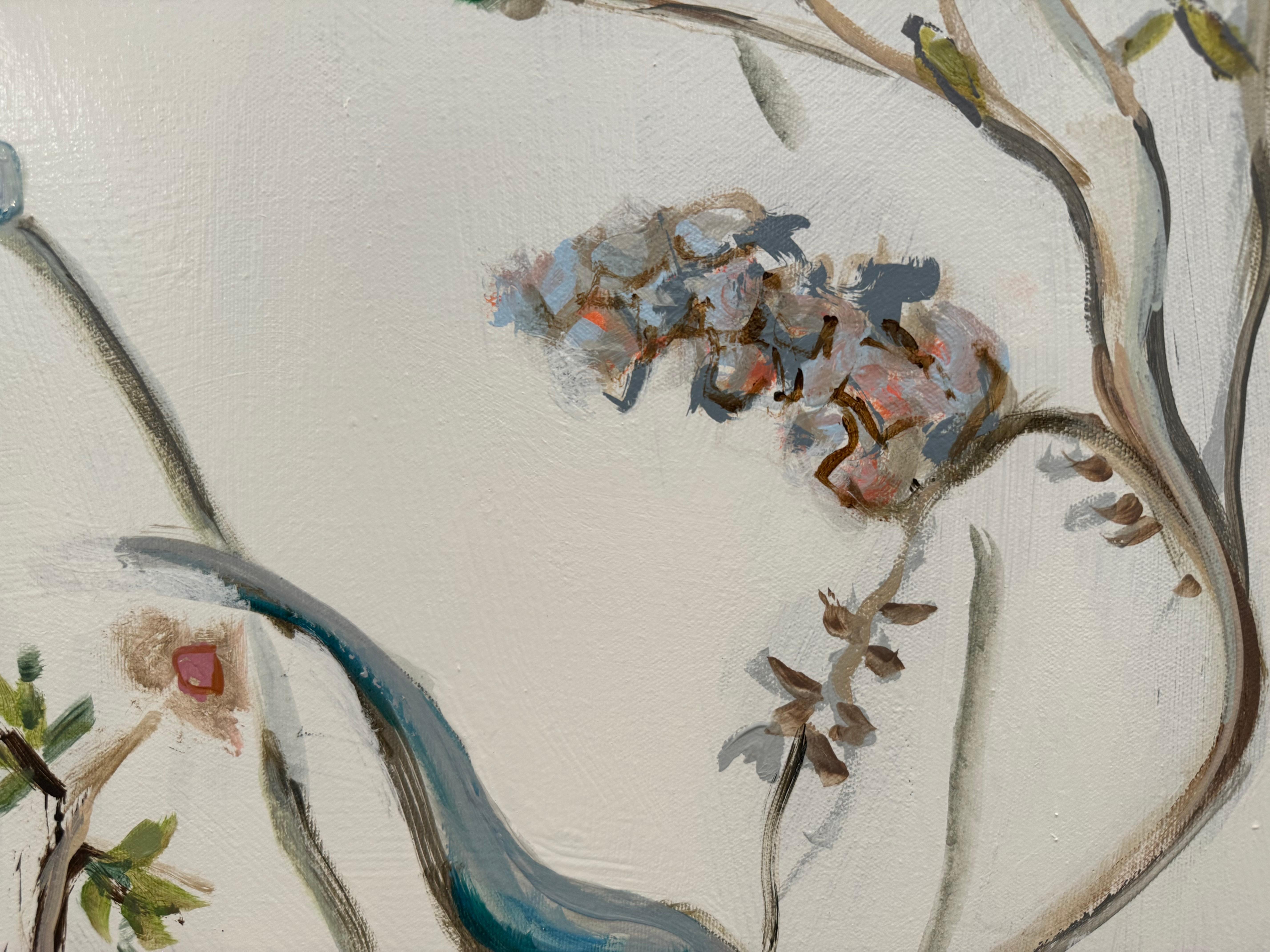 Giardino degli uccelli blu di Sarah Robertson, pittura floreale verticale a tecnica mista 5