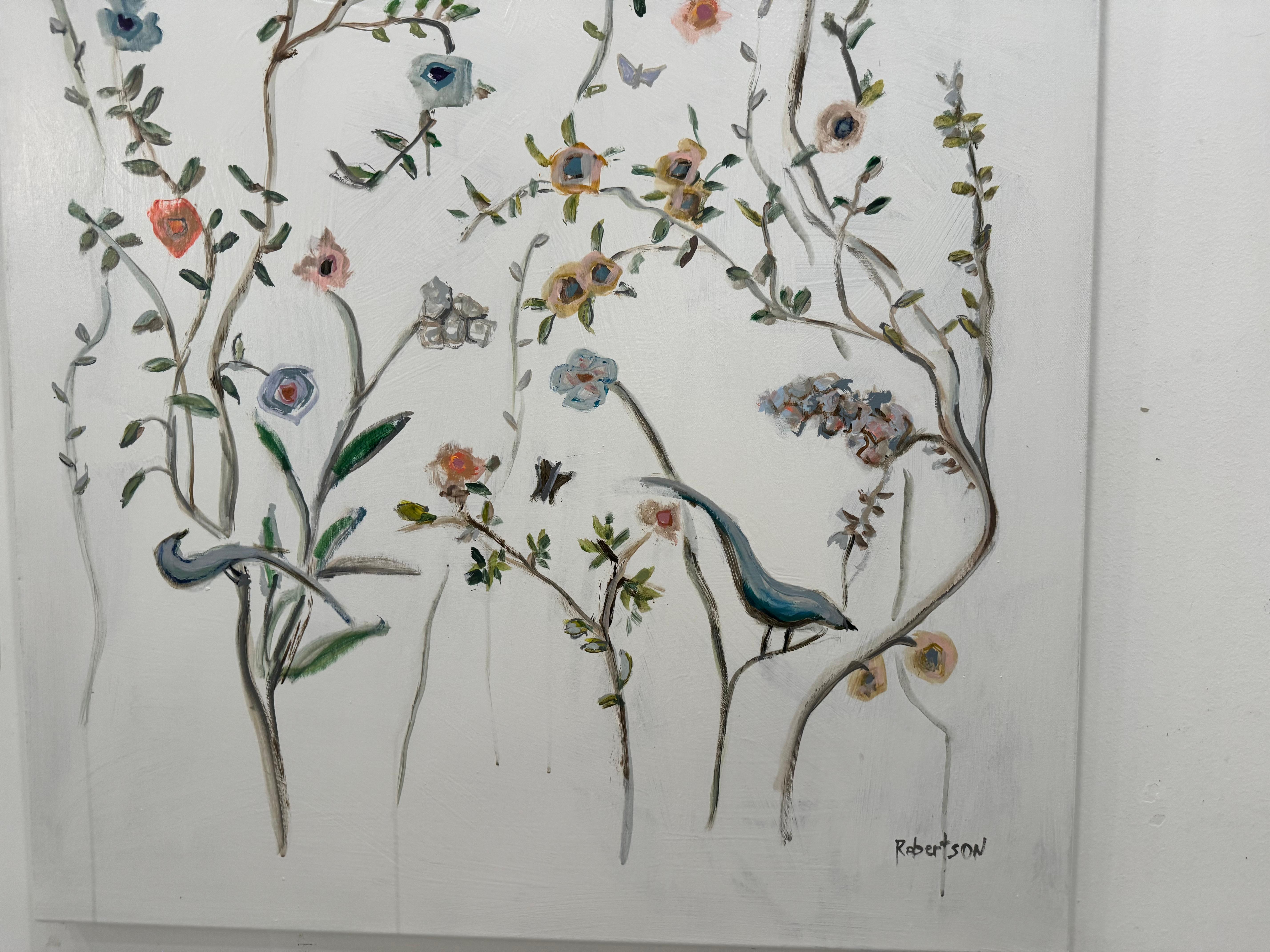 Giardino degli uccelli blu di Sarah Robertson, pittura floreale verticale a tecnica mista 2