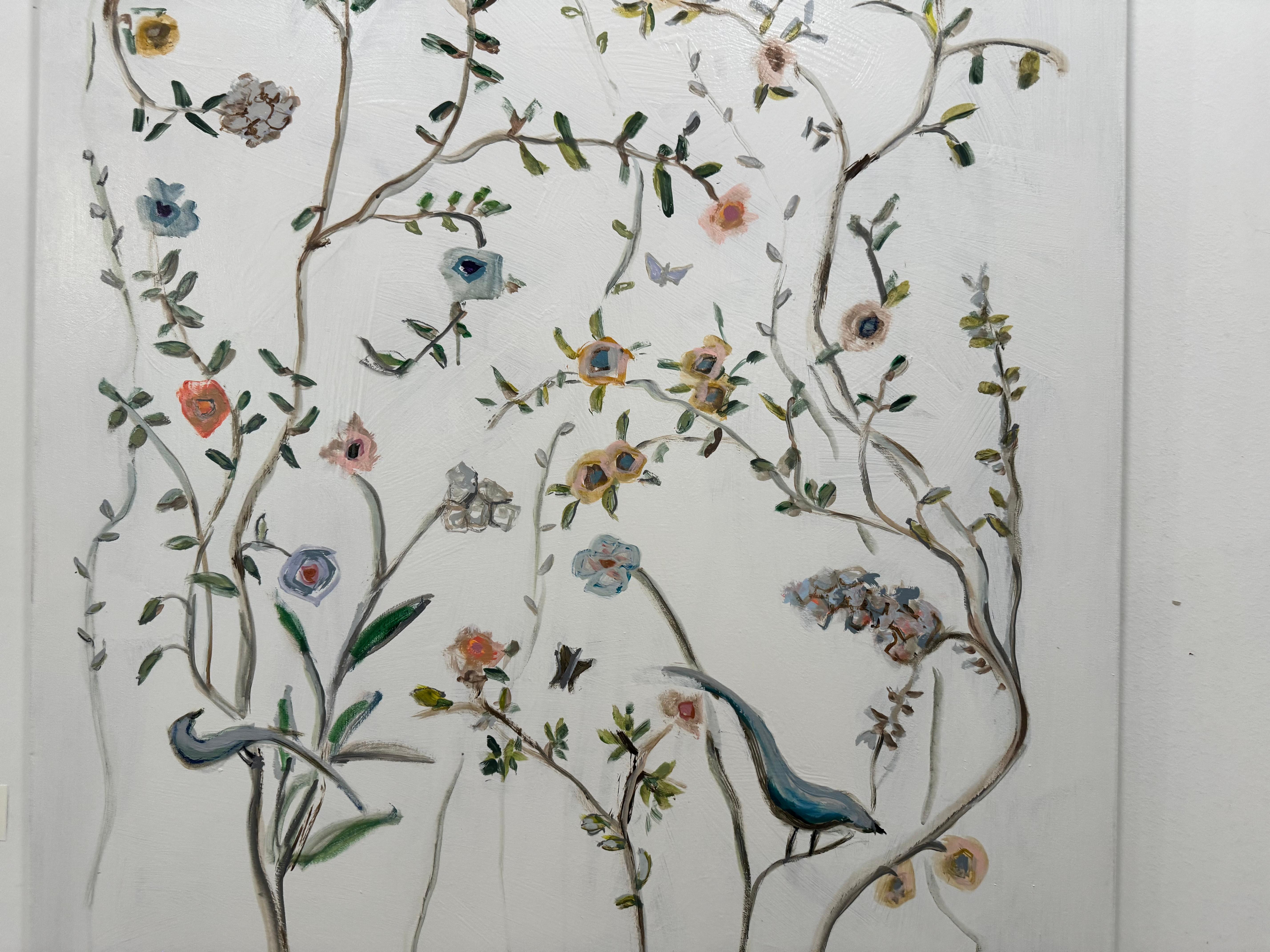 Giardino degli uccelli blu di Sarah Robertson, pittura floreale verticale a tecnica mista 3