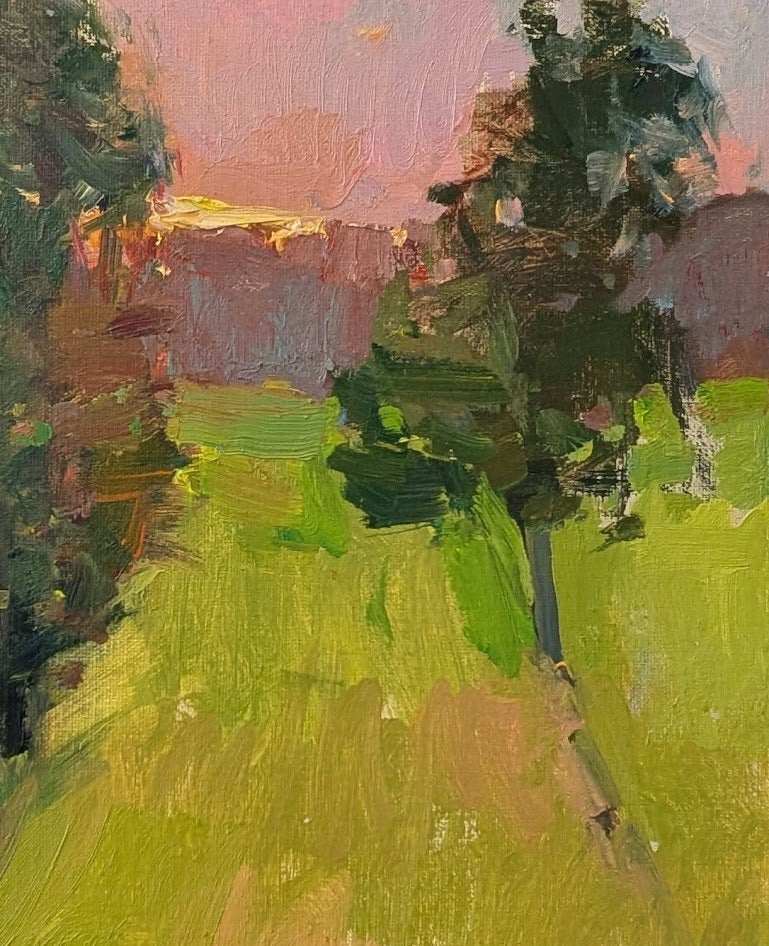 "Sunset Whispers", dipinto a olio contemporaneo raffigurante un tramonto di Millie Gosch