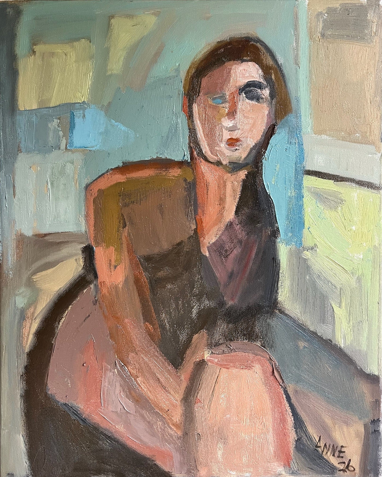 Reflective Water, Contemporary Figurative Oil Painting Inspired by Modigliani
